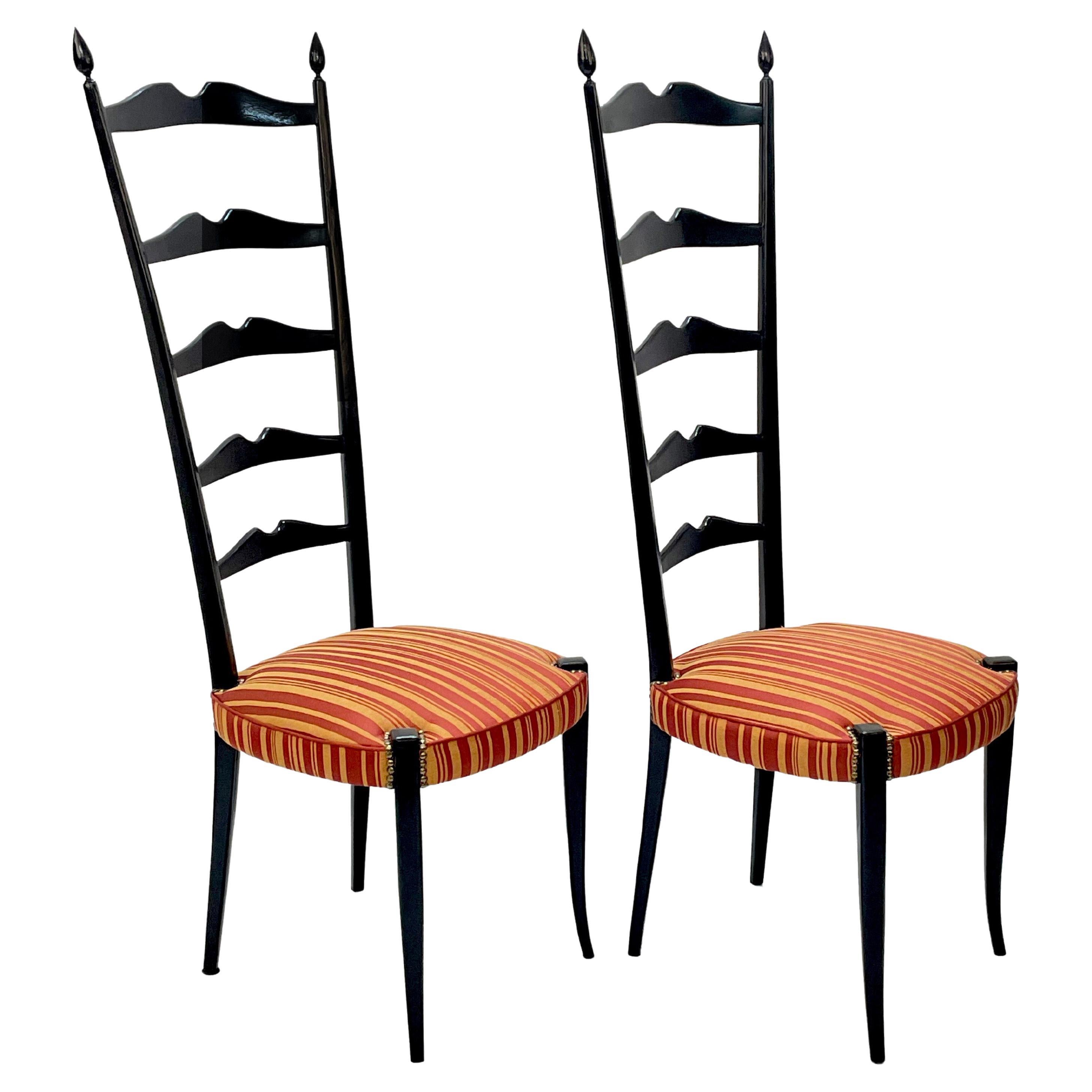 Pair of Paolo Buffa Chiavari Wood Italian Chairs with Ladder High Back, 1950s