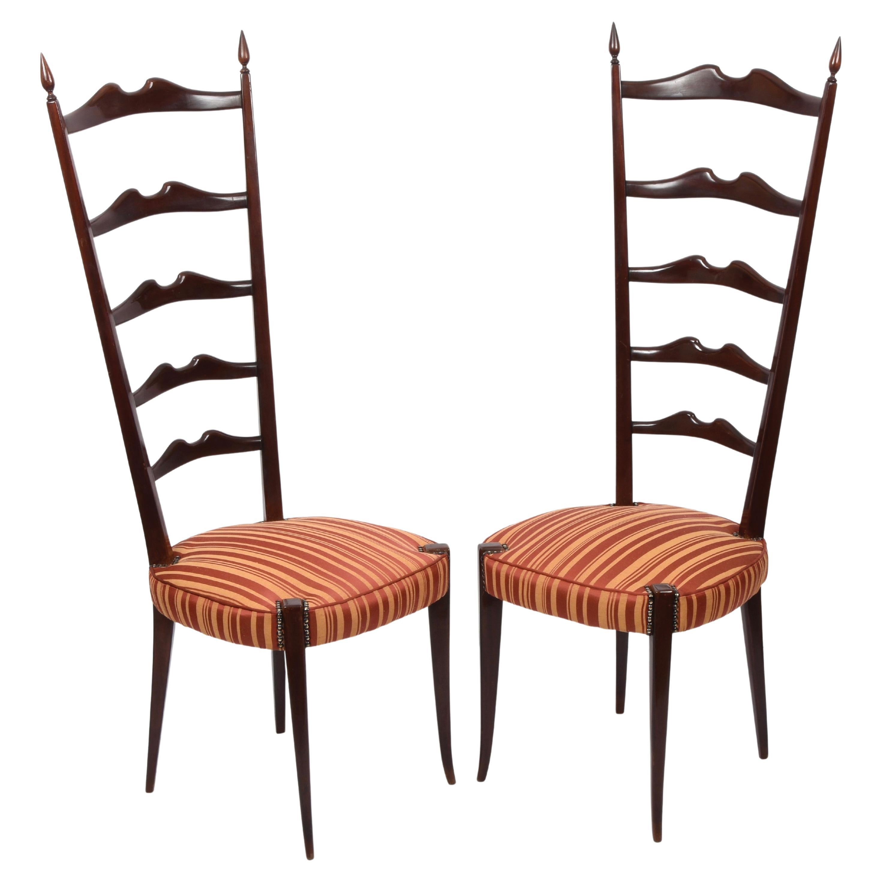 Pair of Paolo Buffa Chiavari Wood Italian Chairs with Ladder High Back, 1950s