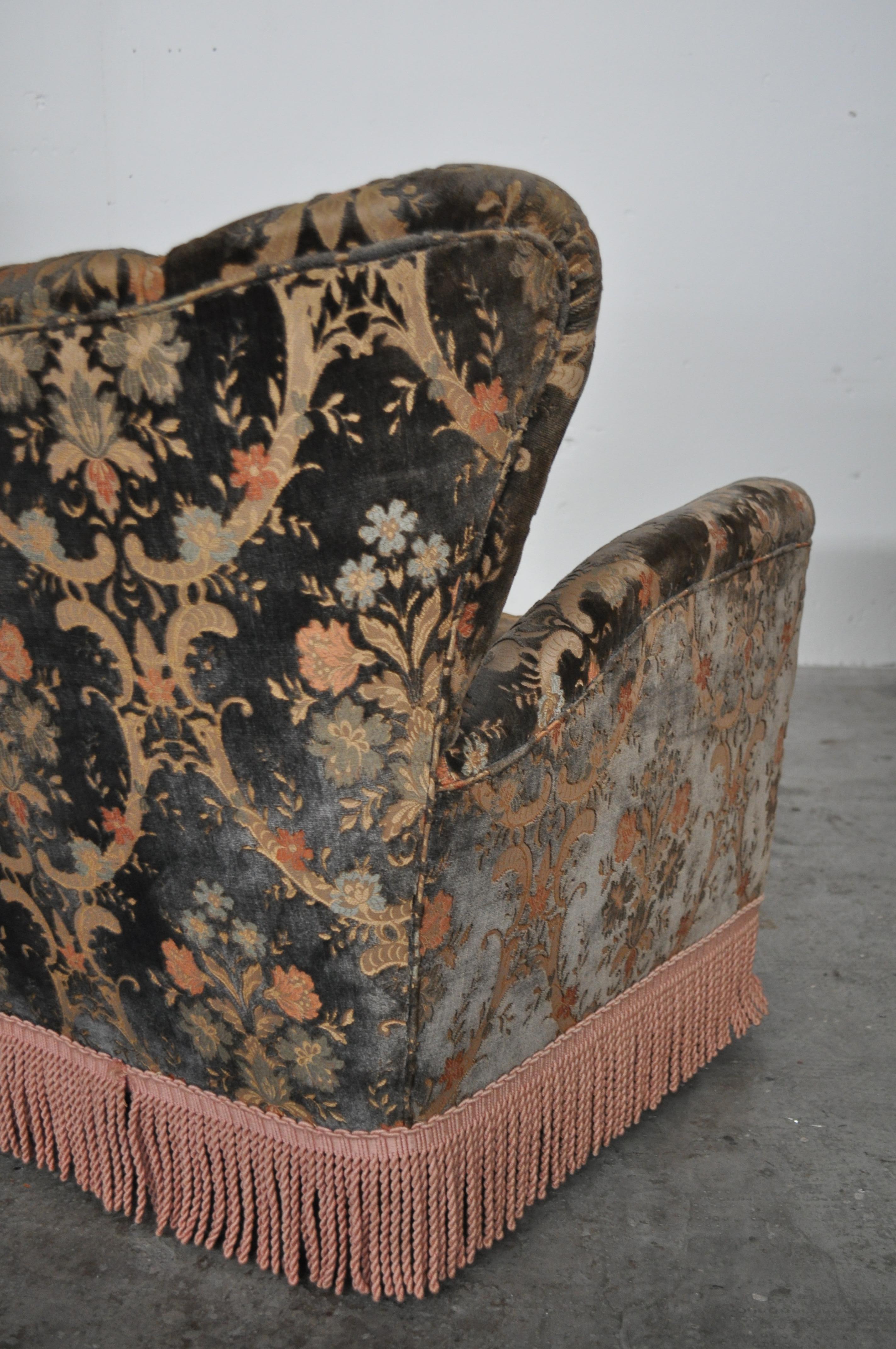 Pair of Paolo Buffa Floral Velvet Armchairs with Fringes, Italy, 1950 For Sale 1