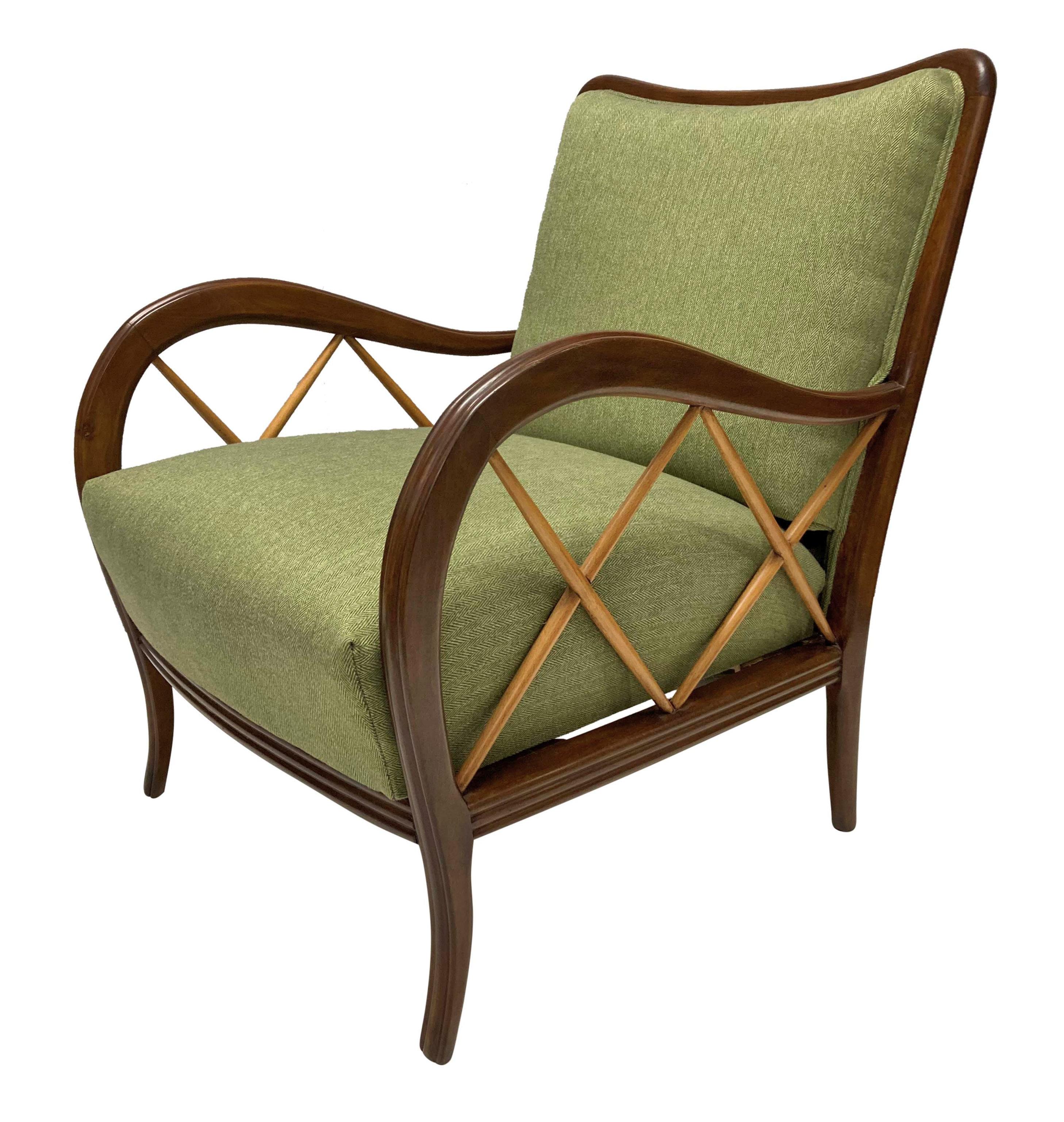 A pair of stylish Italian lounge chairs by Paolo Buffa. In walnut and blond wood and newly upholstered in apple green wool herringbone. En suite witha matching sofa.