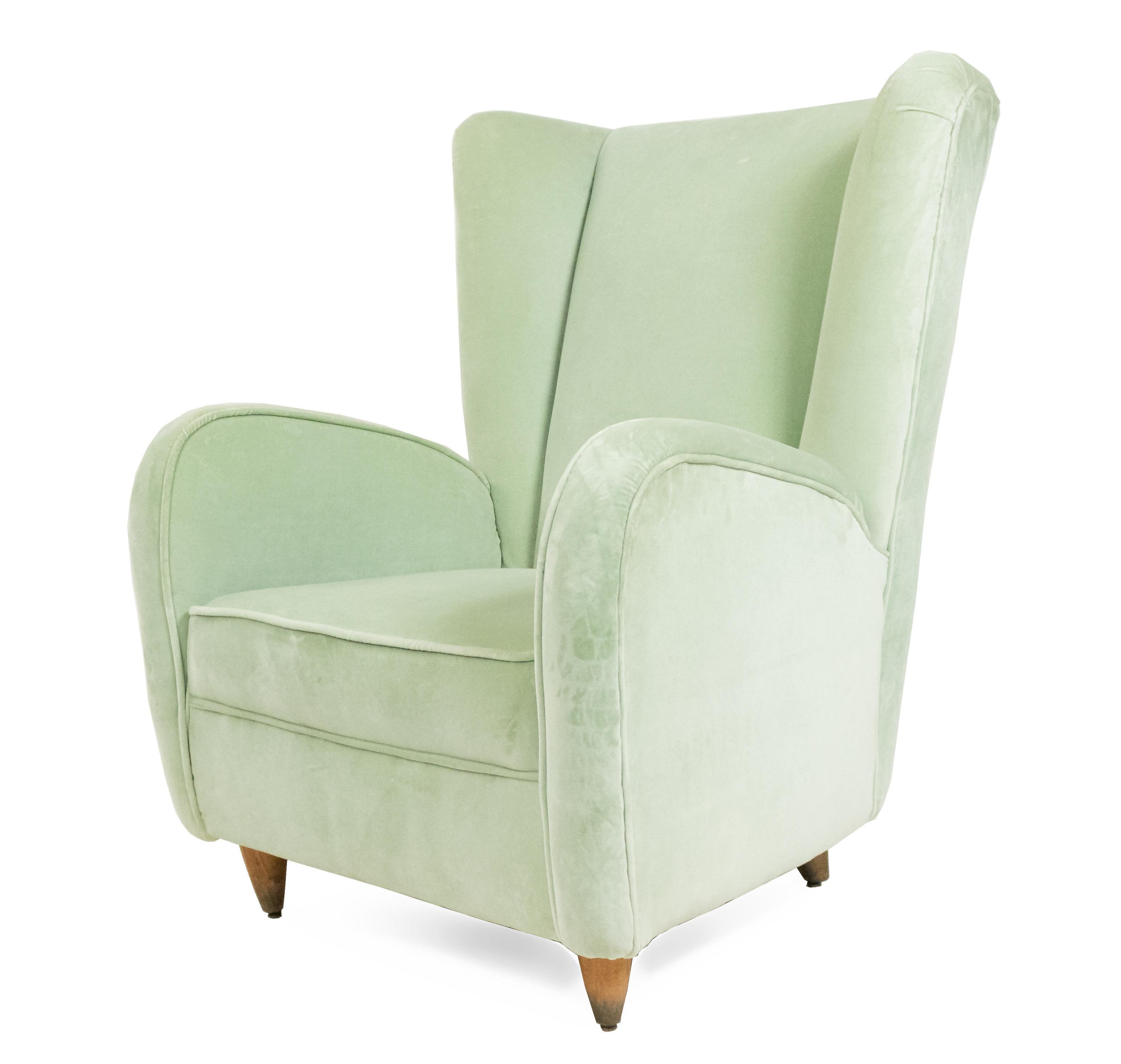 Pair of Paolo Buffa Modernist Wingback Mint Green Velvet Armchairs In Good Condition For Sale In New York, NY