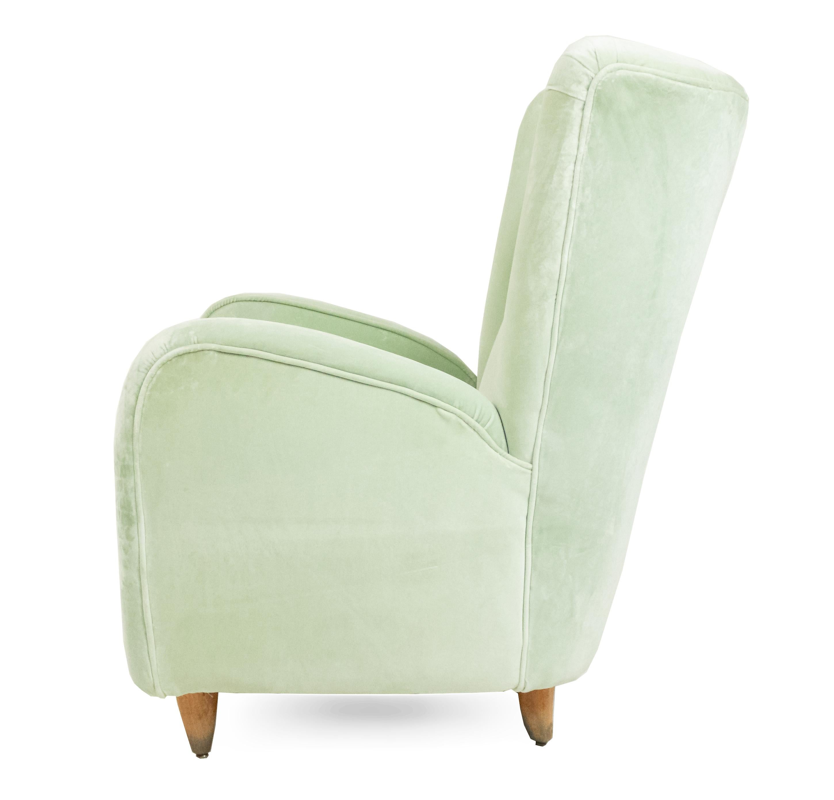 20th Century Pair of Paolo Buffa Modernist Wingback Mint Green Velvet Armchairs For Sale