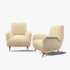 Pair of Paolo Buffa-Style Lounge Chairs in Cream Color Boucle, 1950s