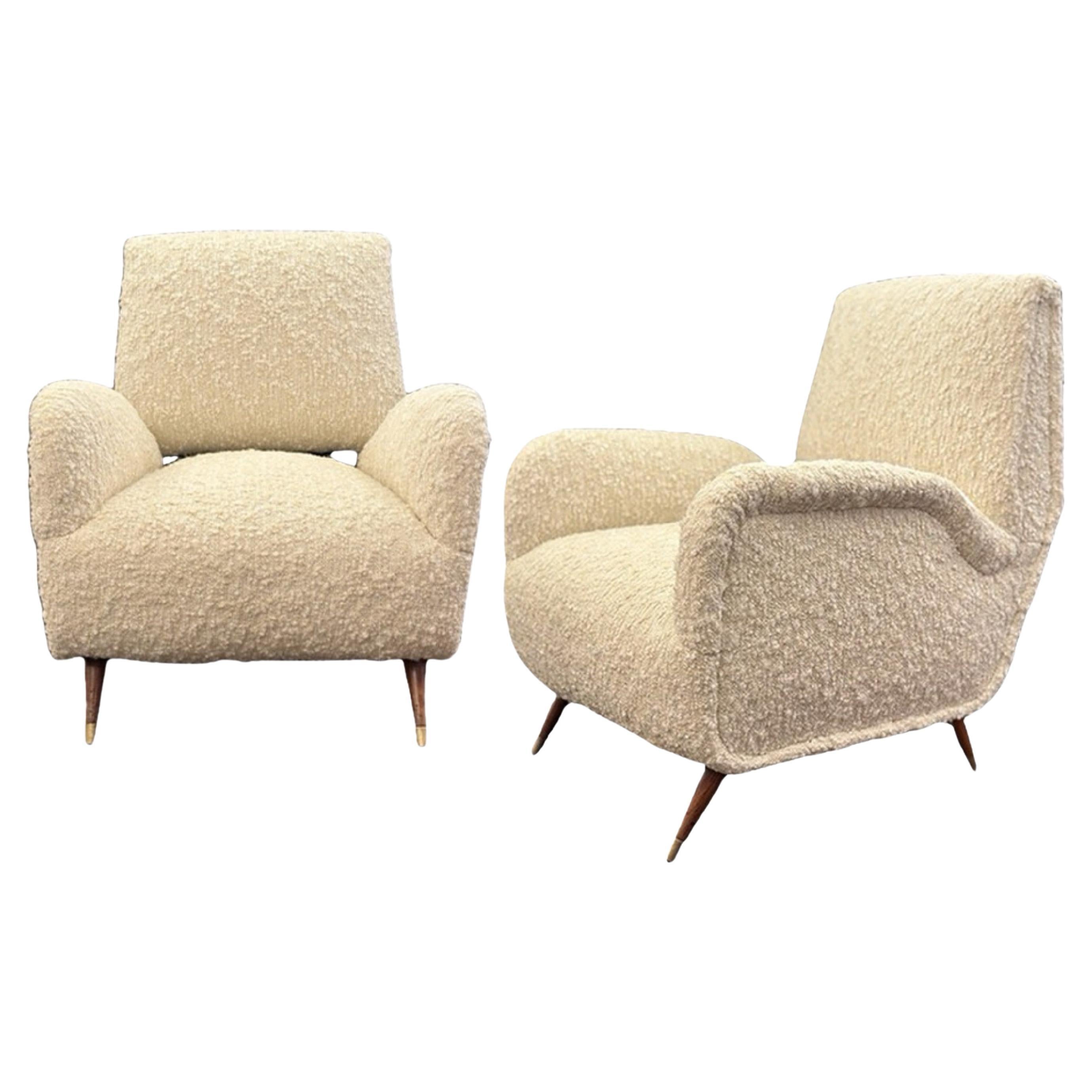 Pair of Paolo Buffa-Style Lounge Chairs in Cream Color Boucle, 1950s