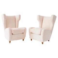 Pair of Paolo Buffa White Bouclette High Wingback Bergere Armchairs, 1950