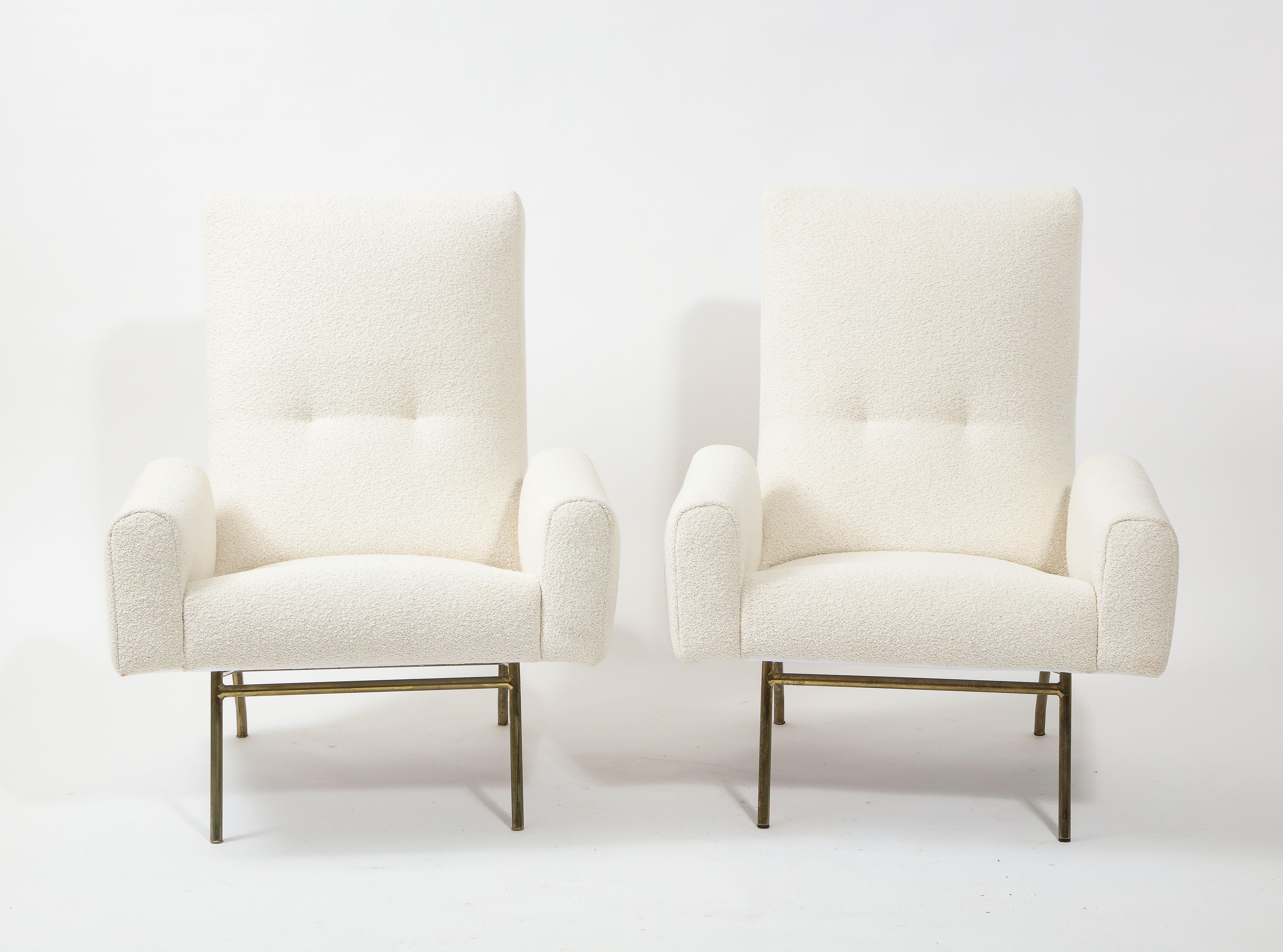 Mid-Century Modern Louis Paolozzi Pair of High Back Lounge Chairs in Bouclé, France 1960's For Sale