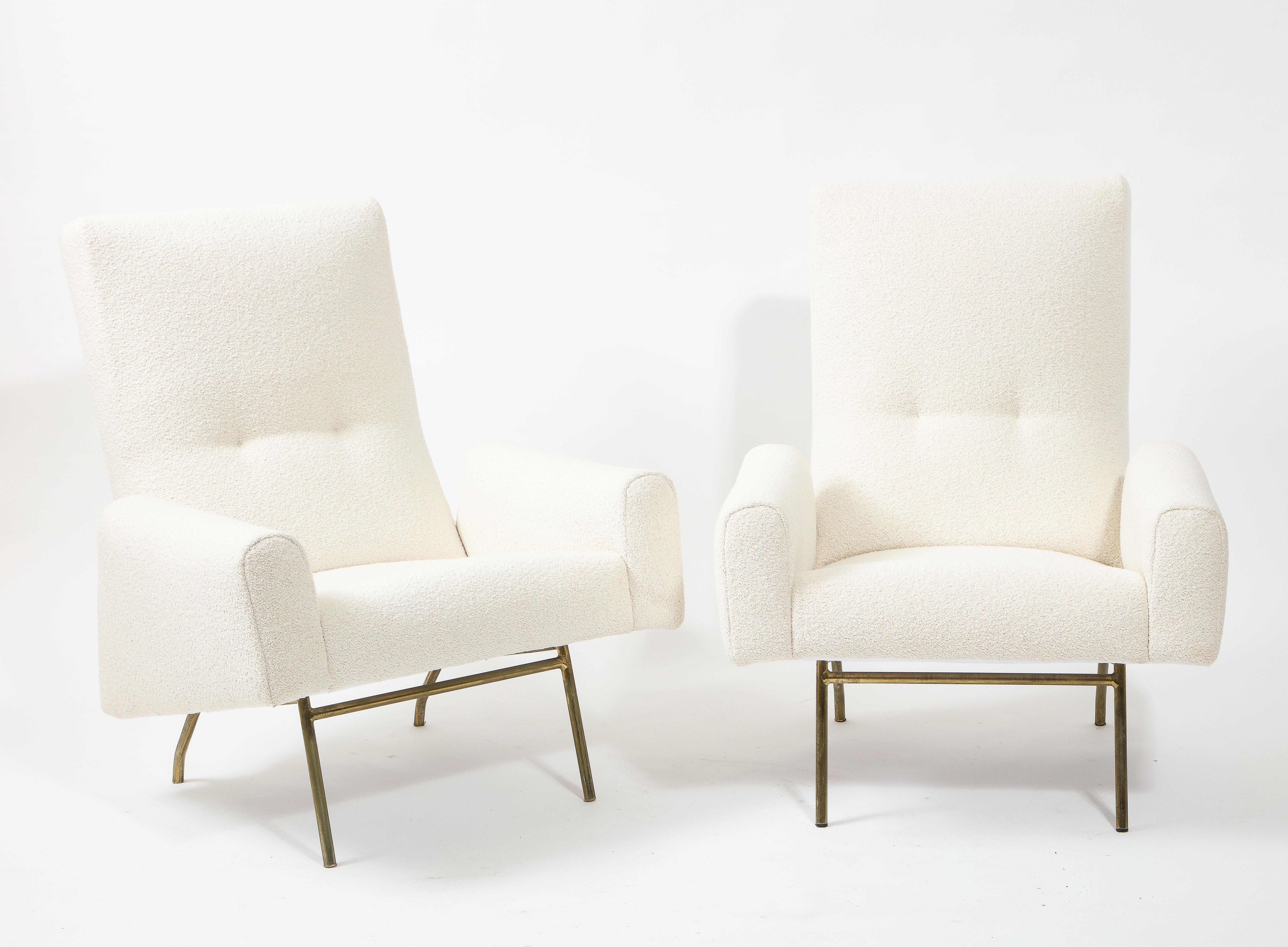 Louis Paolozzi Pair of High Back Lounge Chairs in Bouclé, France 1960's In Good Condition For Sale In New York, NY