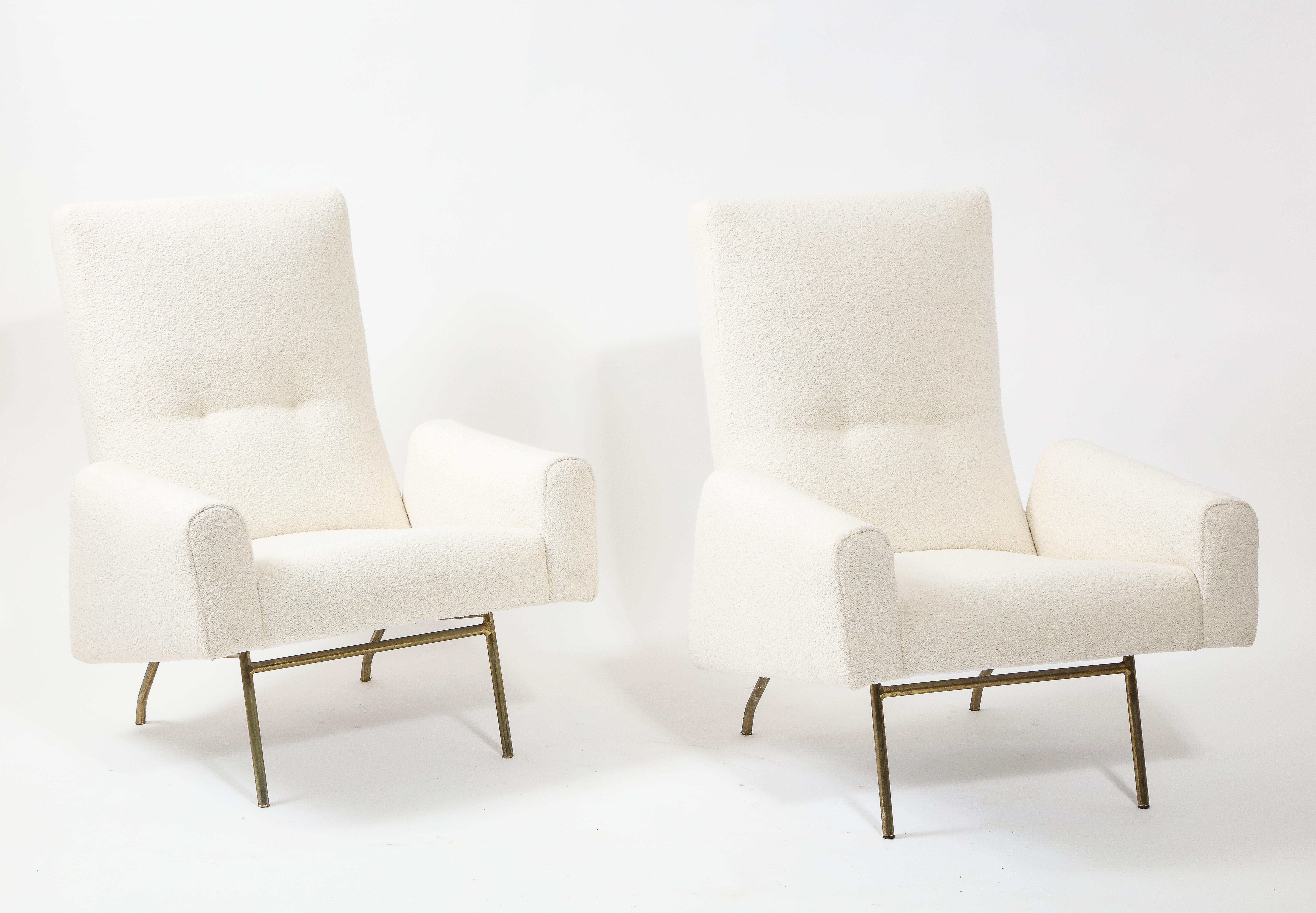 Brass Louis Paolozzi Pair of High Back Lounge Chairs in Bouclé, France 1960's For Sale