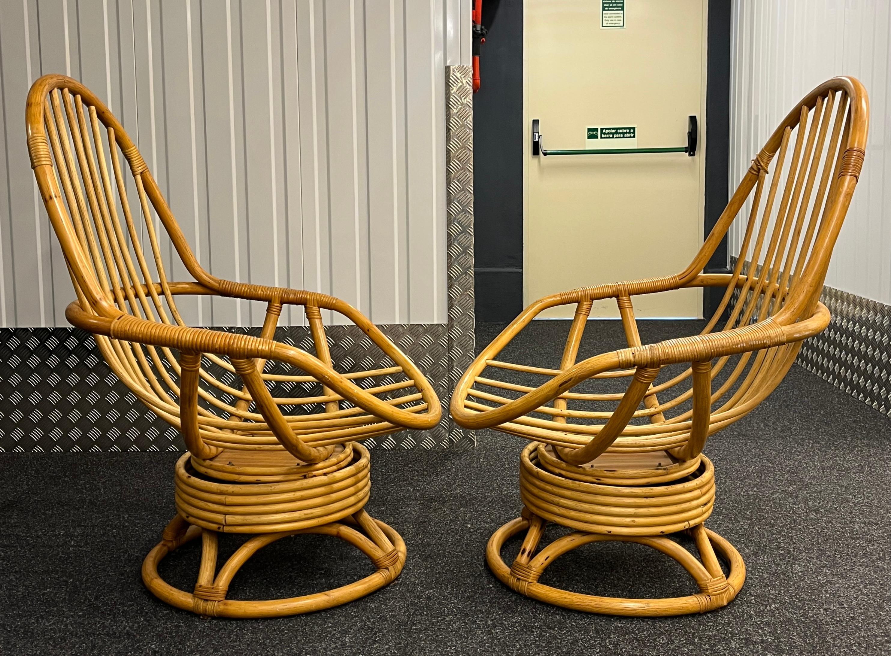 Pair of Bamboo and Rattan Swivel Lounge Chairs with Woven Cushions 4