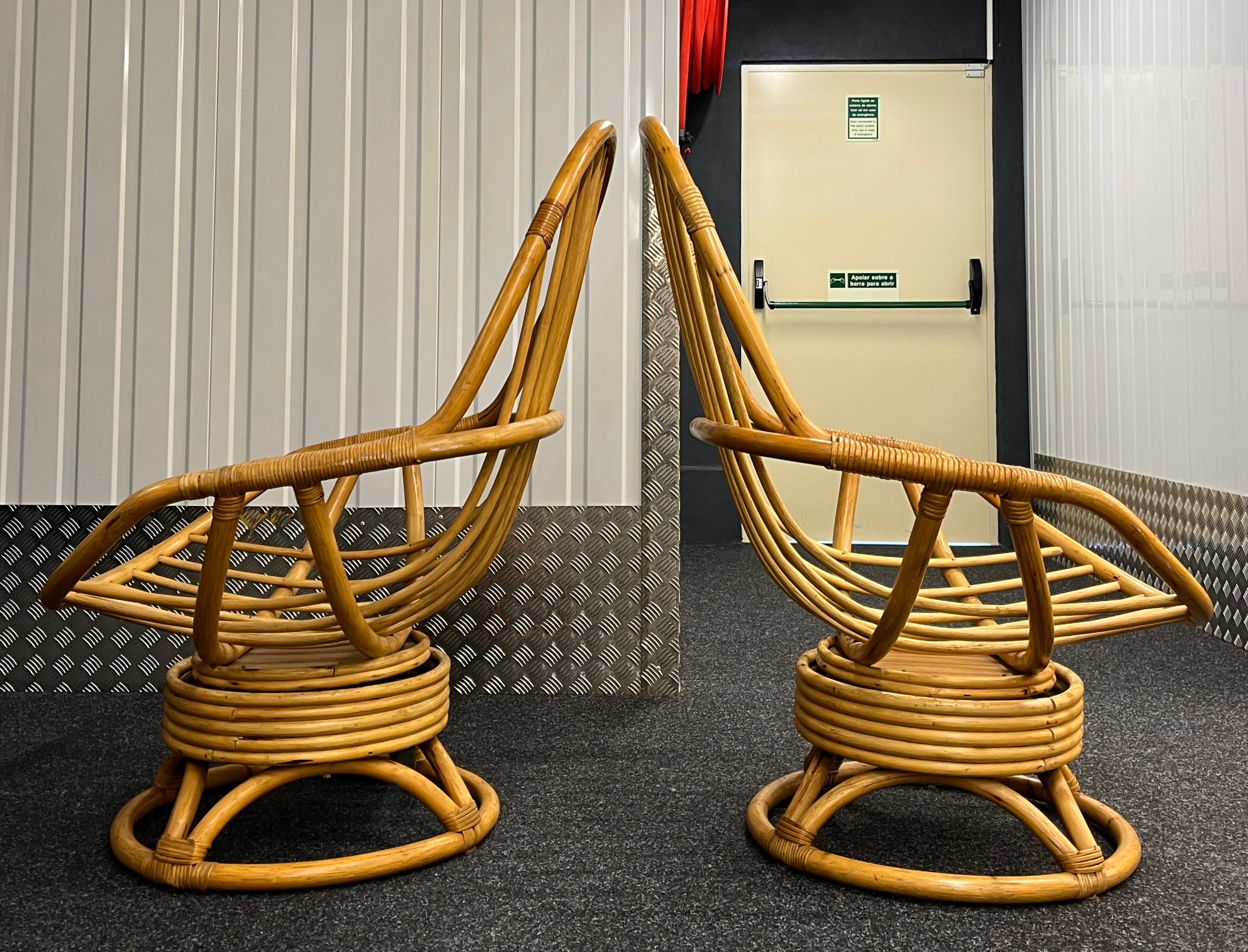 Pair of Bamboo and Rattan Swivel Lounge Chairs with Woven Cushions 5