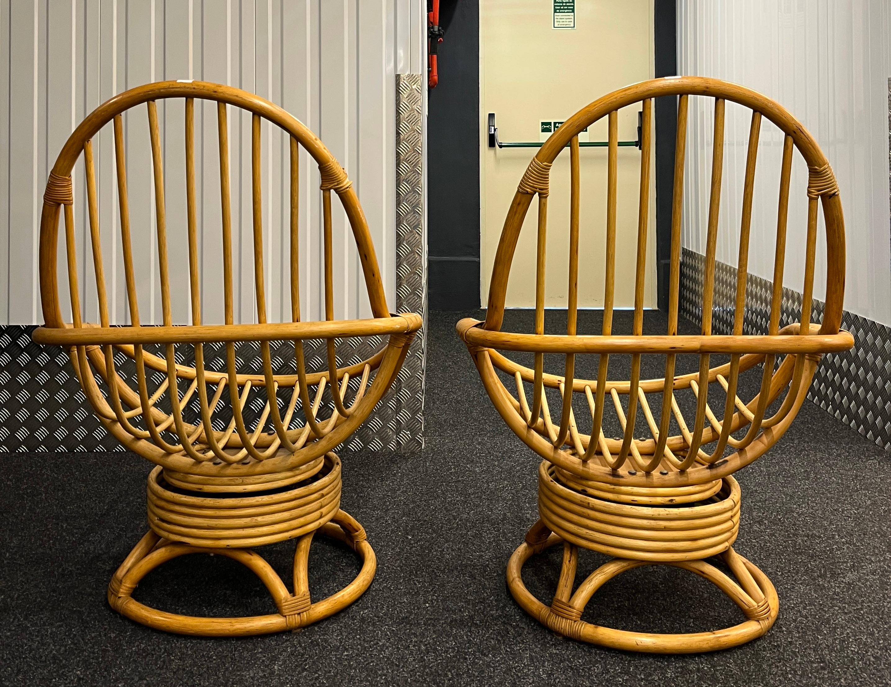 Pair of Bamboo and Rattan Swivel Lounge Chairs with Woven Cushions 6