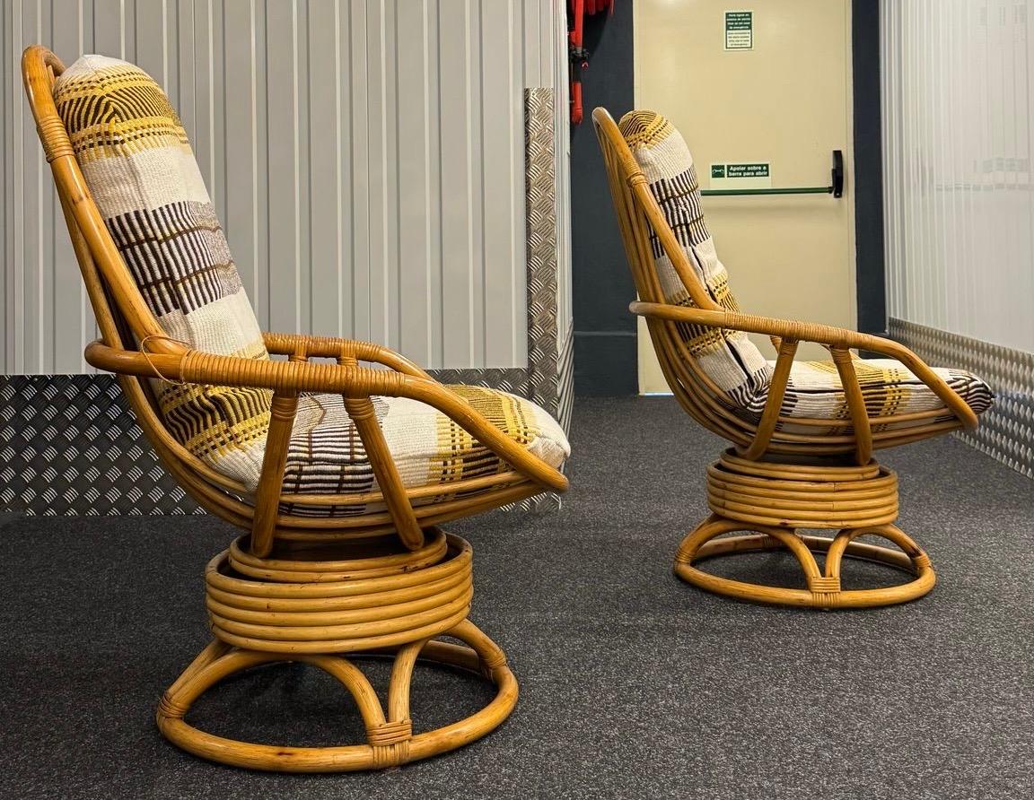 Portuguese Pair of Bamboo and Rattan Swivel Lounge Chairs with Woven Cushions