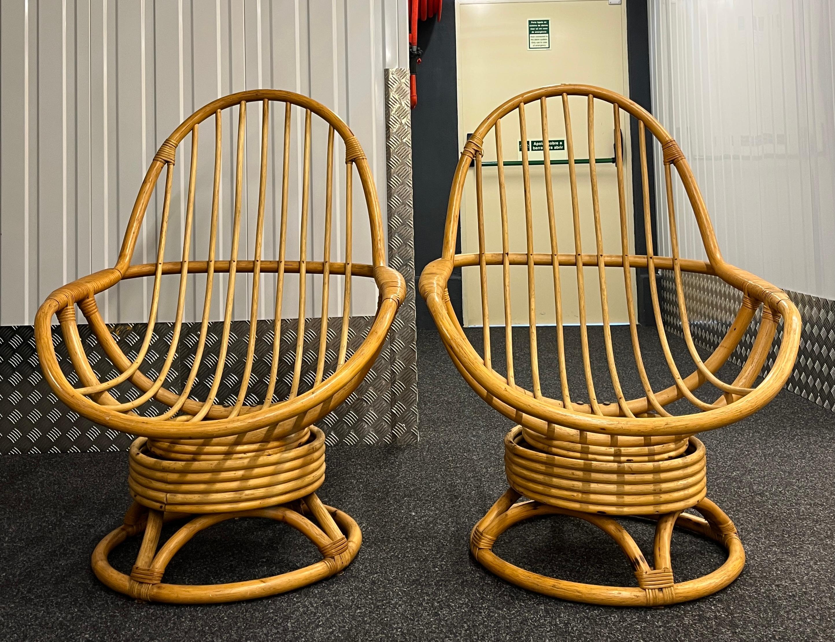Pair of Bamboo and Rattan Swivel Lounge Chairs with Woven Cushions 3