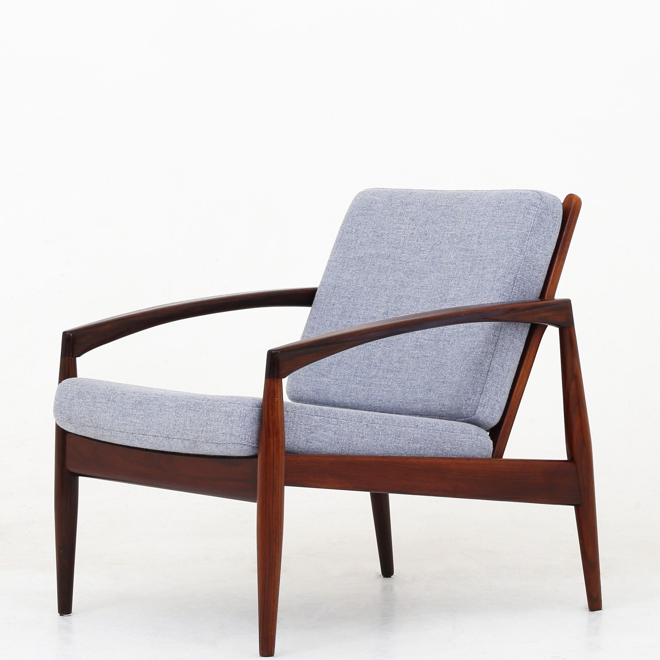 Kai Kristiansen Model 121 - Pair of 'Paper Knife' easy chairs in rosewood with grey wool. Maker Magnus Olesen.