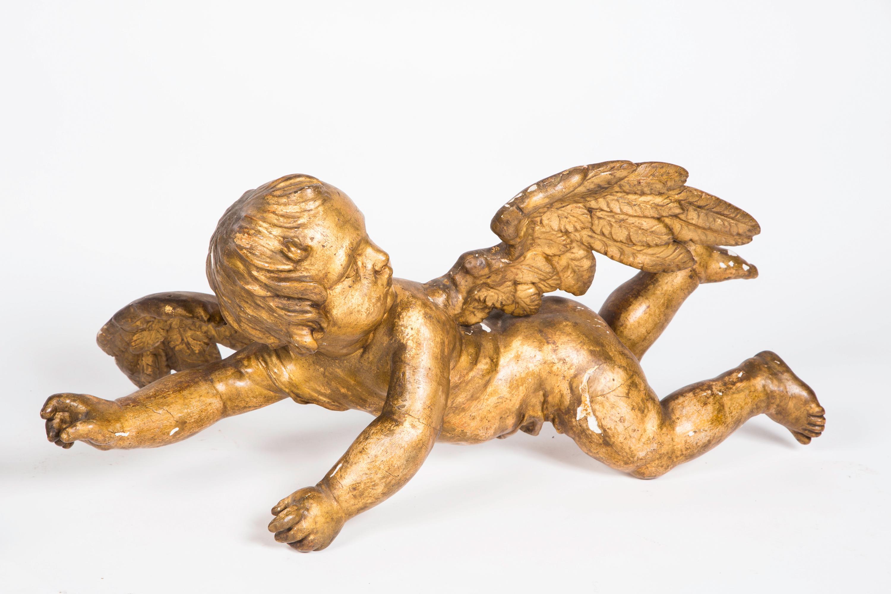 19th century Italian, proper pair of papier mâché gilt angels. Artist signature on one of the wings.
