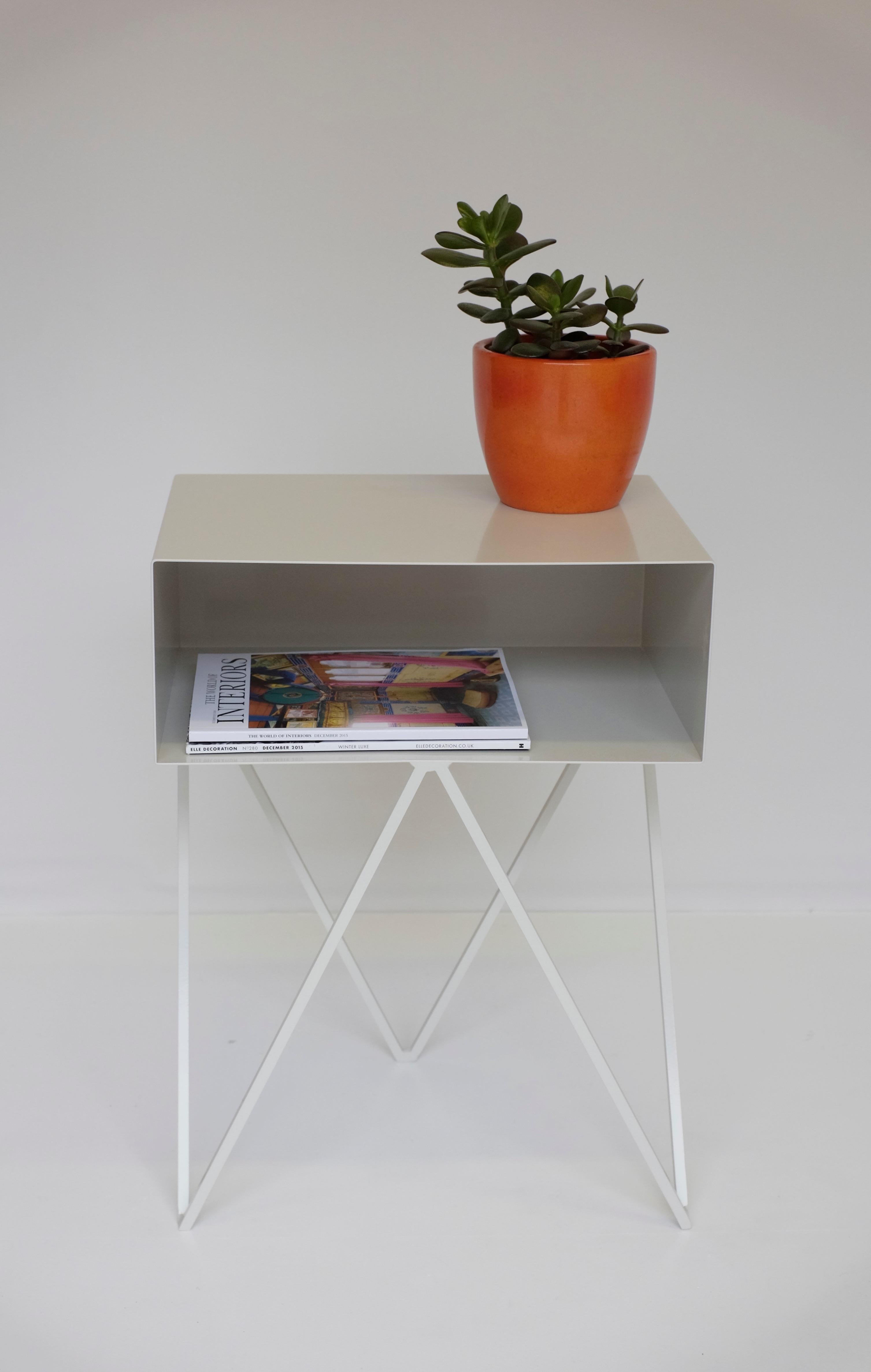 white metal bedside table