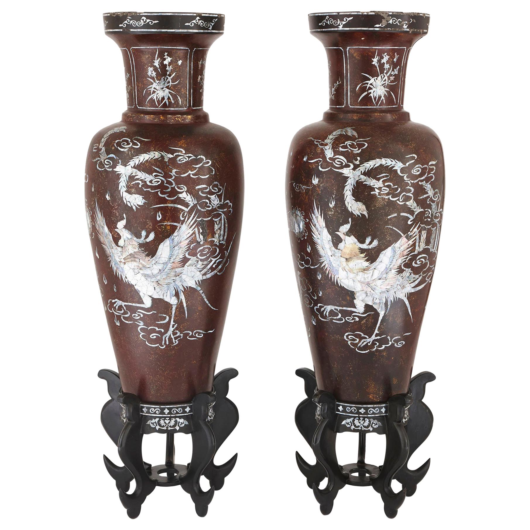Pair of Papier Mâché and Mother of Pearl Vases For Sale