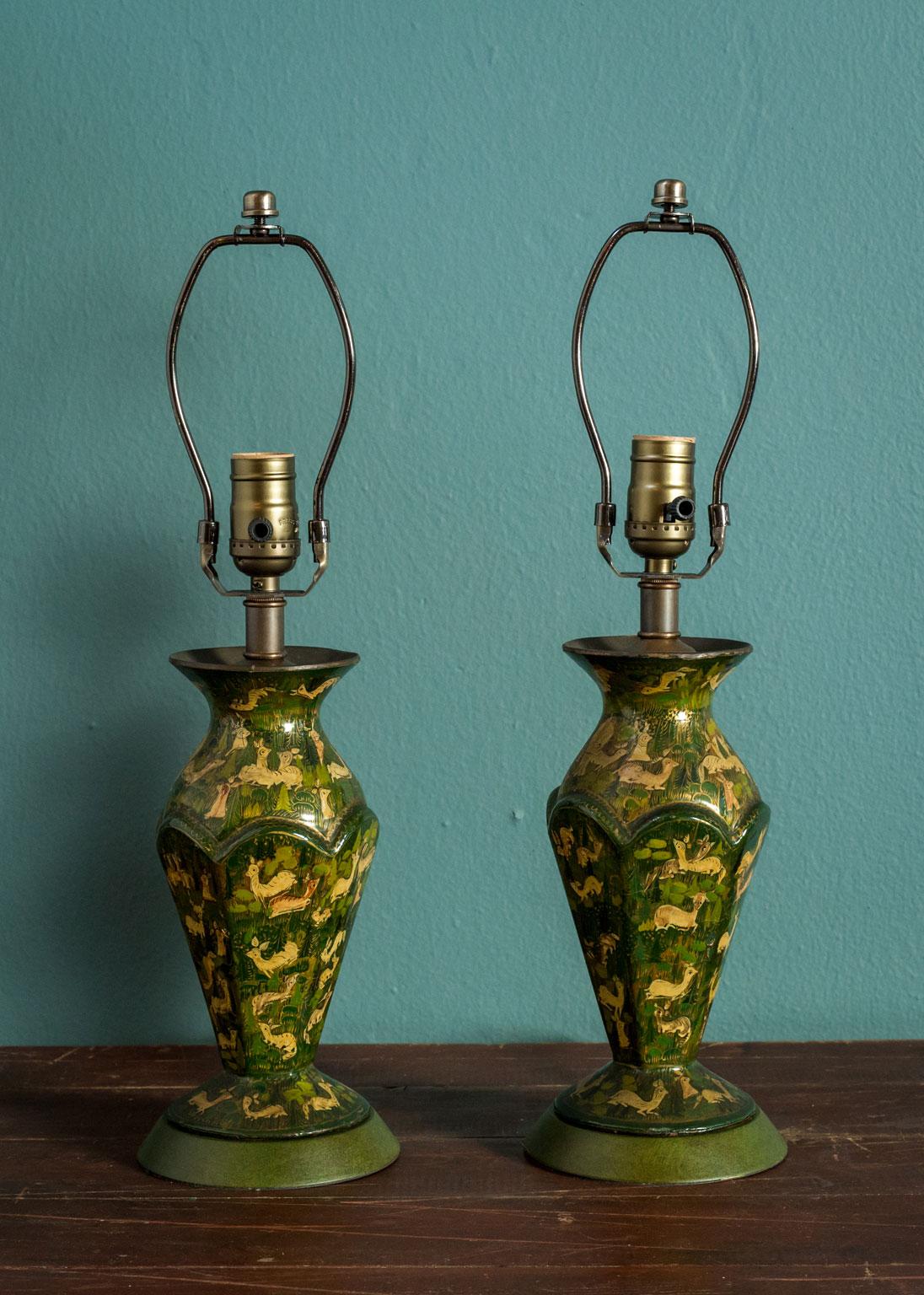 Pair of papier-mâché lamps newly created from papier-mâché vases on metal bases from Kashmir. Newly wired for use within the USA using all UL approved parts. Does not include shades.