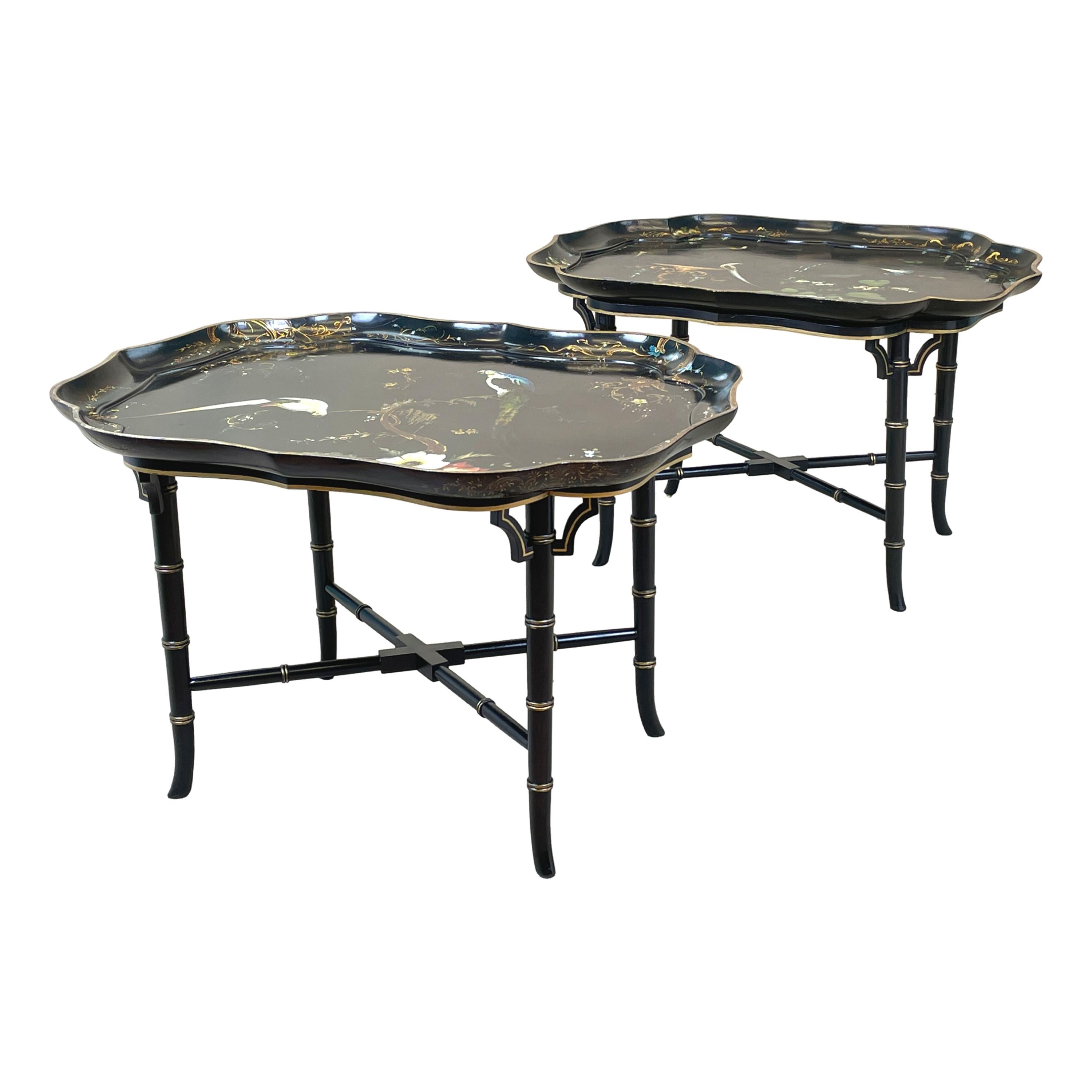 English Pair of Papier Mache Tray on Stand Coffee Tables