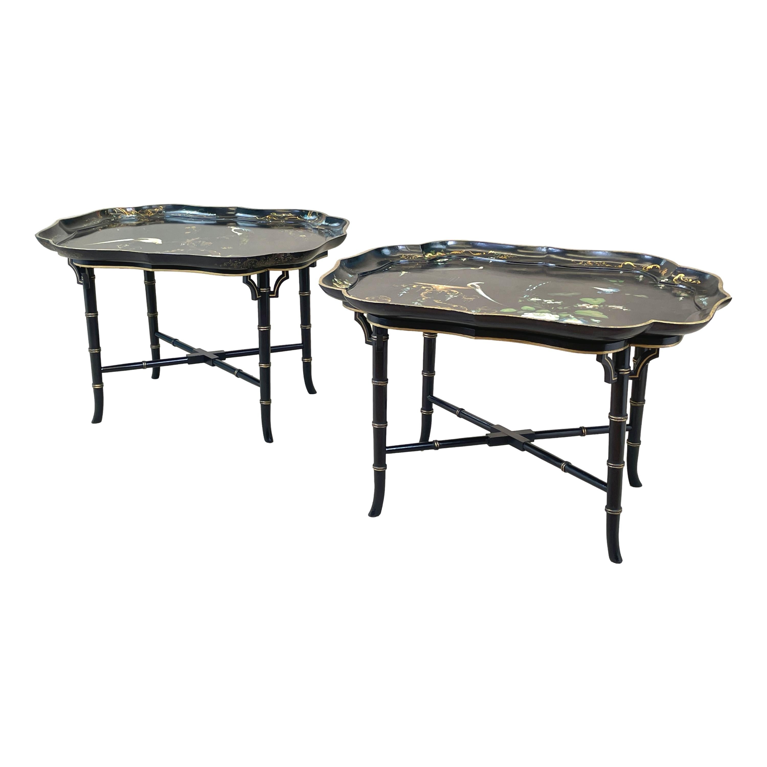 Pair of Papier Mache Tray on Stand Coffee Tables 1