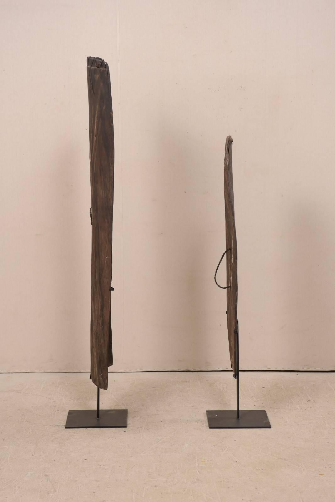 Metal Pair of Papua New Guinea Wooden Oceanic War Shields on Custom Iron Stands For Sale