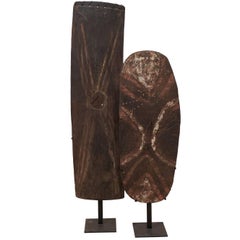 Pair of Papua New Guinea Wooden Oceanic War Shields on Custom Iron Stands