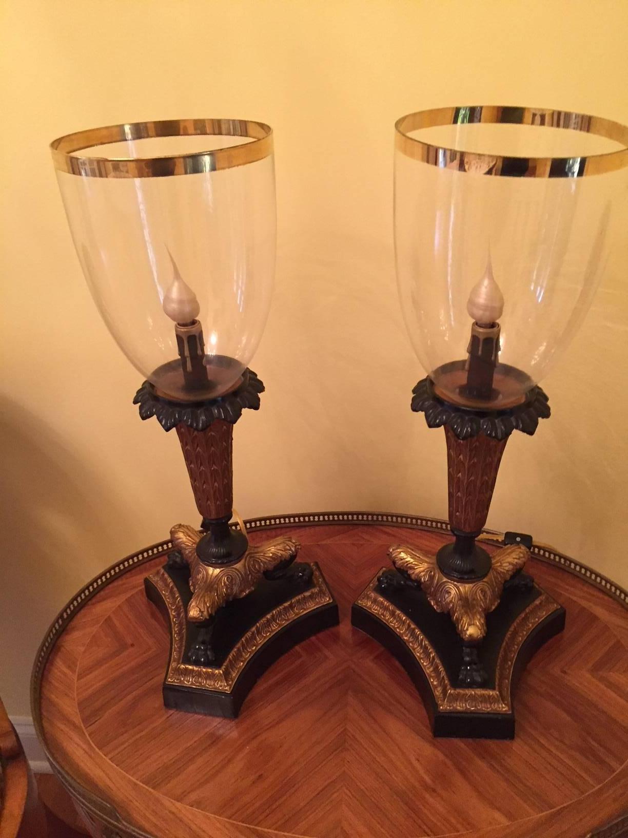 Pair of Parcel-Gilt Bronze Hurricane Lamps In Excellent Condition For Sale In Lambertville, NJ