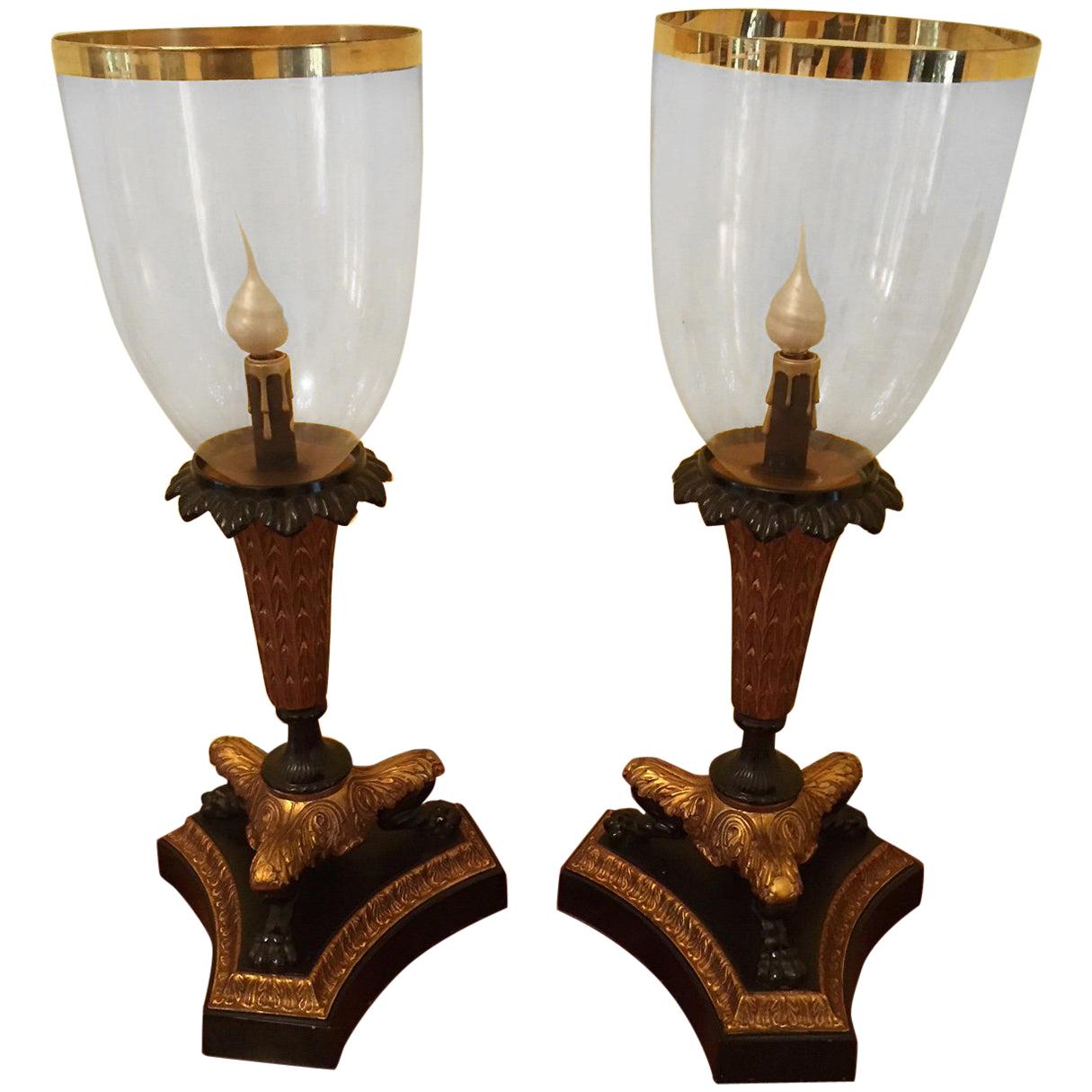 Pair of Parcel-Gilt Bronze Hurricane Lamps For Sale