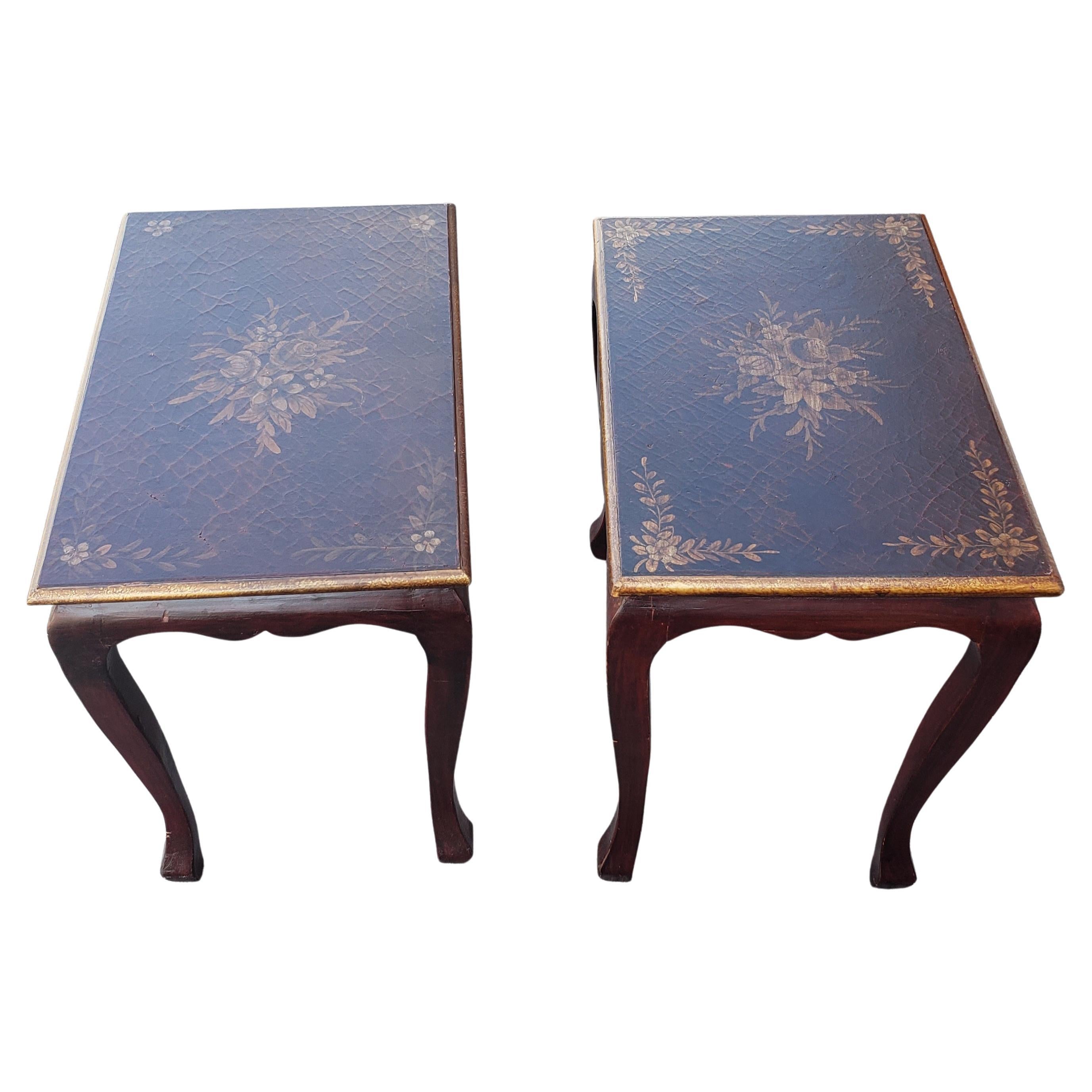 Pair of parcel-gilt, crackled, Hand-painted side tables in good vintage condition. Beautiful flower theme painting. Measure.
 