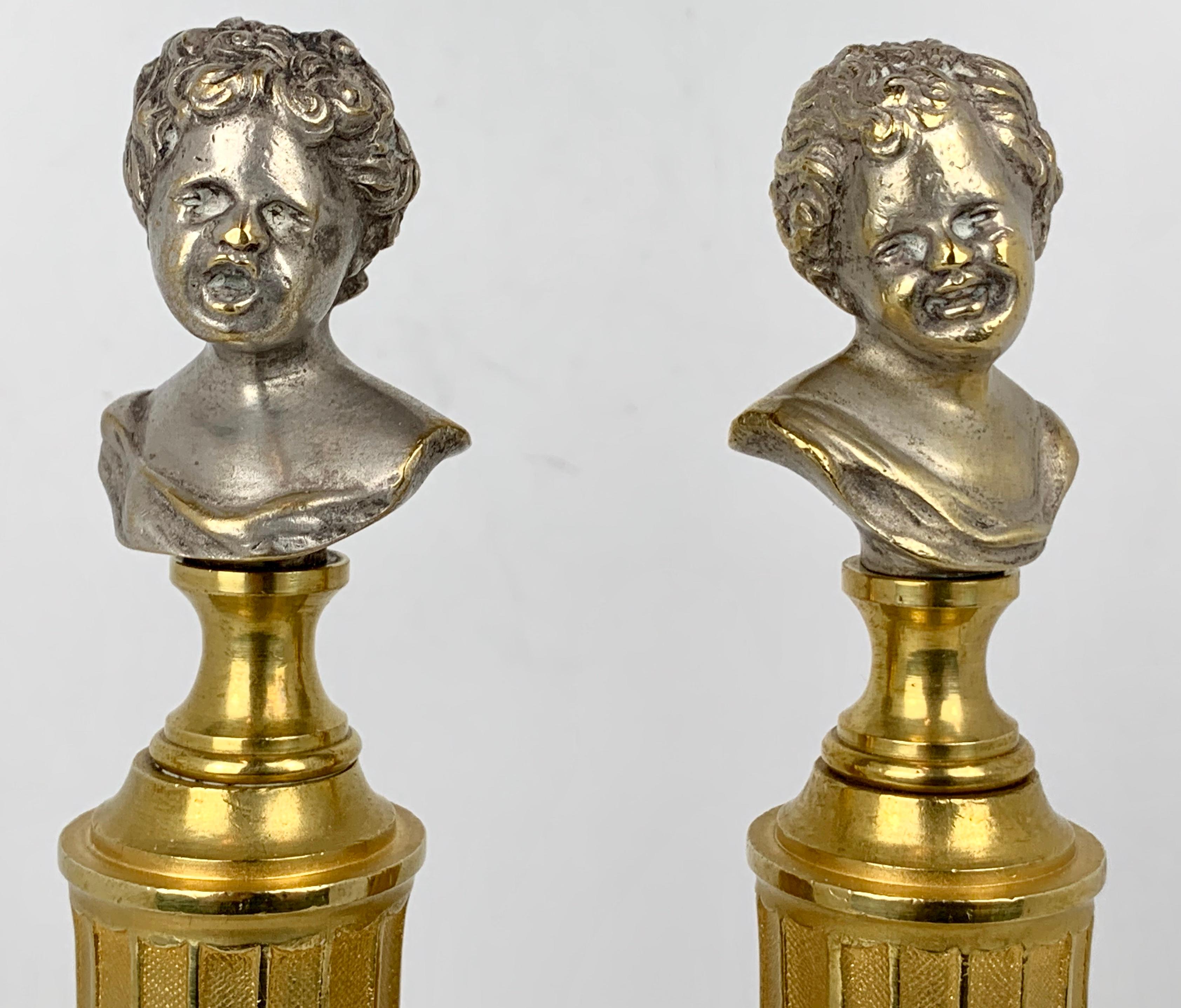 Pair of parcel-gilt bronze heads of crying babies on fluted bronze doré columns after Jean-Antoine Houdon. They have been placed on custom beveled Lucite columns which are removable.
Height-9.5