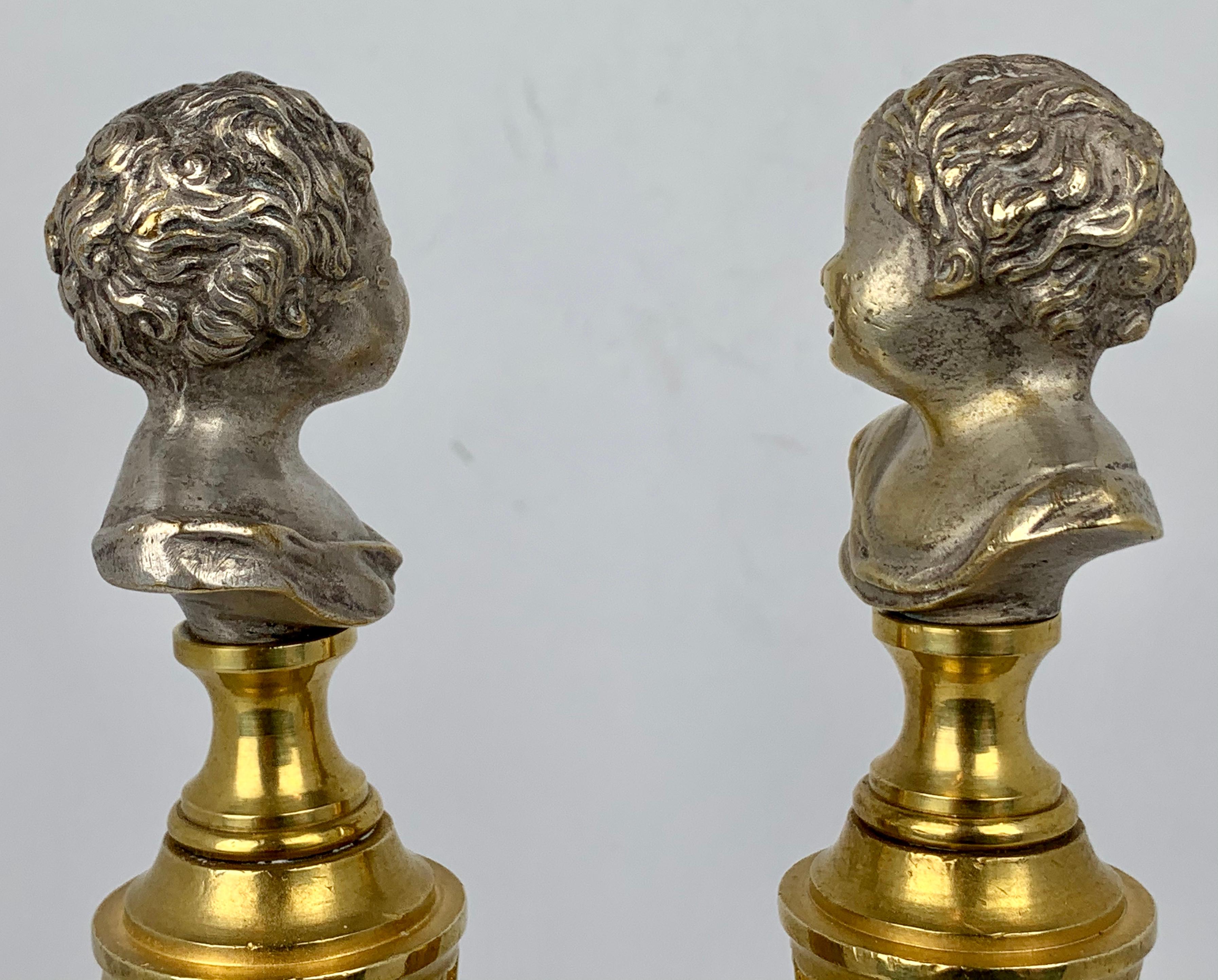 French Crying Babies in Gilt  Bronze on Fluted Columns after Jean-Antoine Houdon For Sale