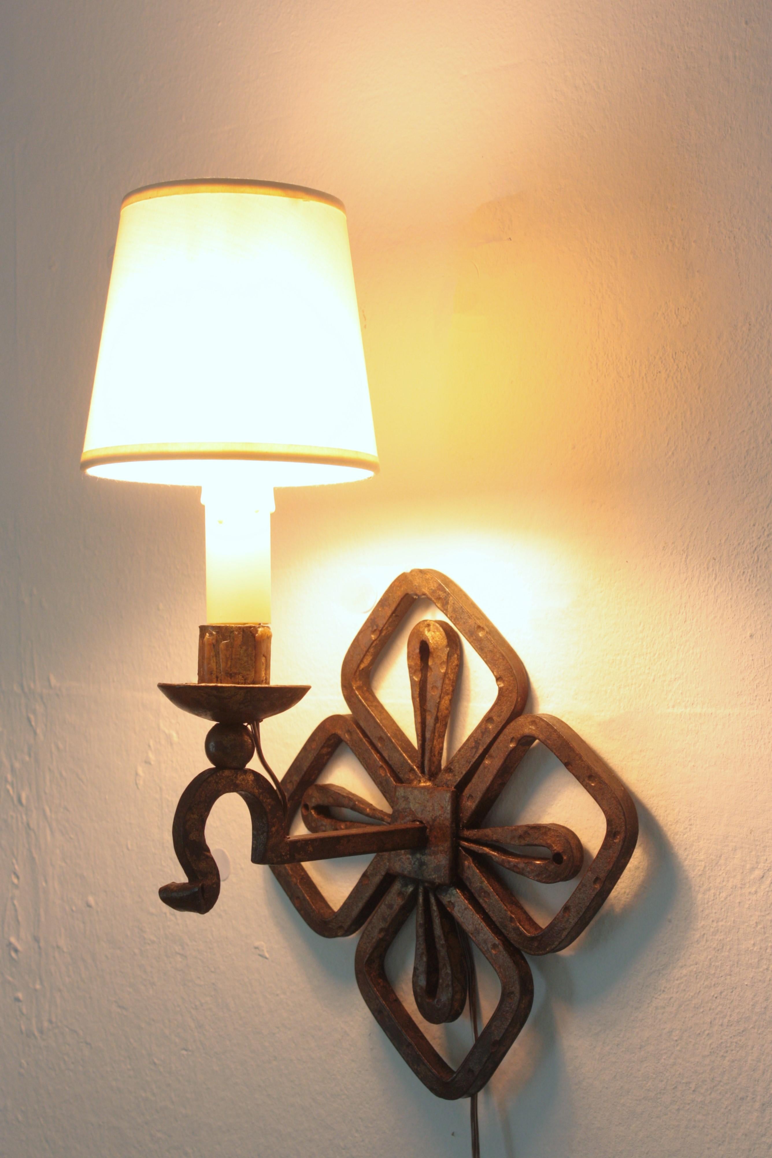 Pair of Parcel Gilt Iron Wall Sconces with Fleur de Lis Design For Sale 7