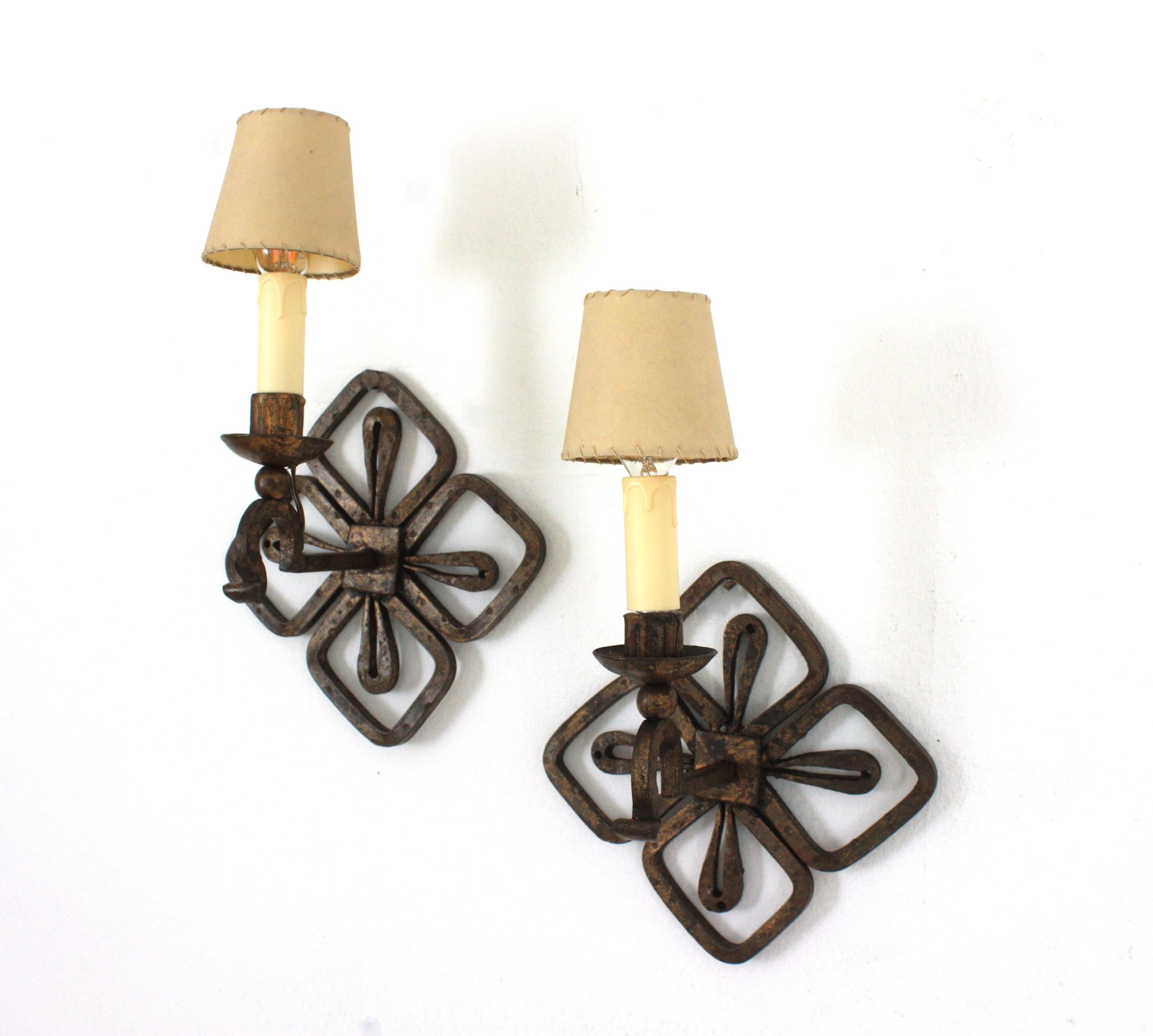 Pair of Parcel Gilt Iron Wall Sconces with Fleur de Lis Design For Sale 1