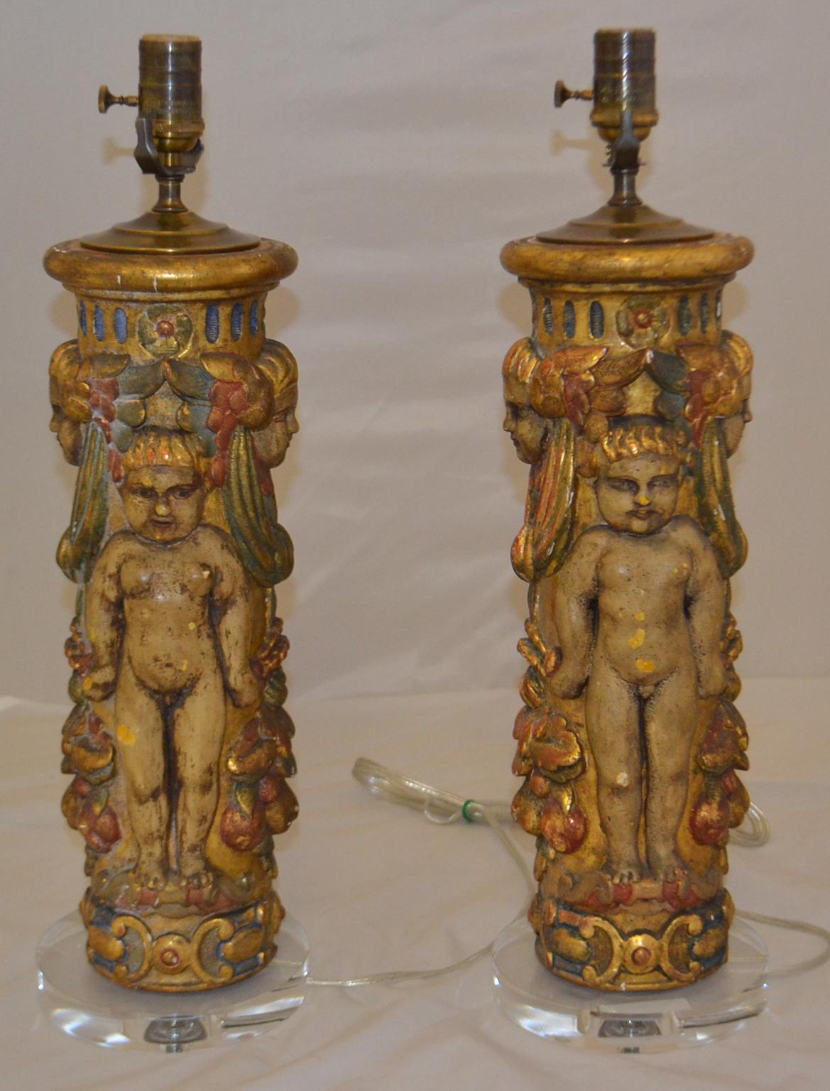 Pair of Parcel-Gilt Molded Plaster Table Lamps In Fair Condition For Sale In Vista, CA