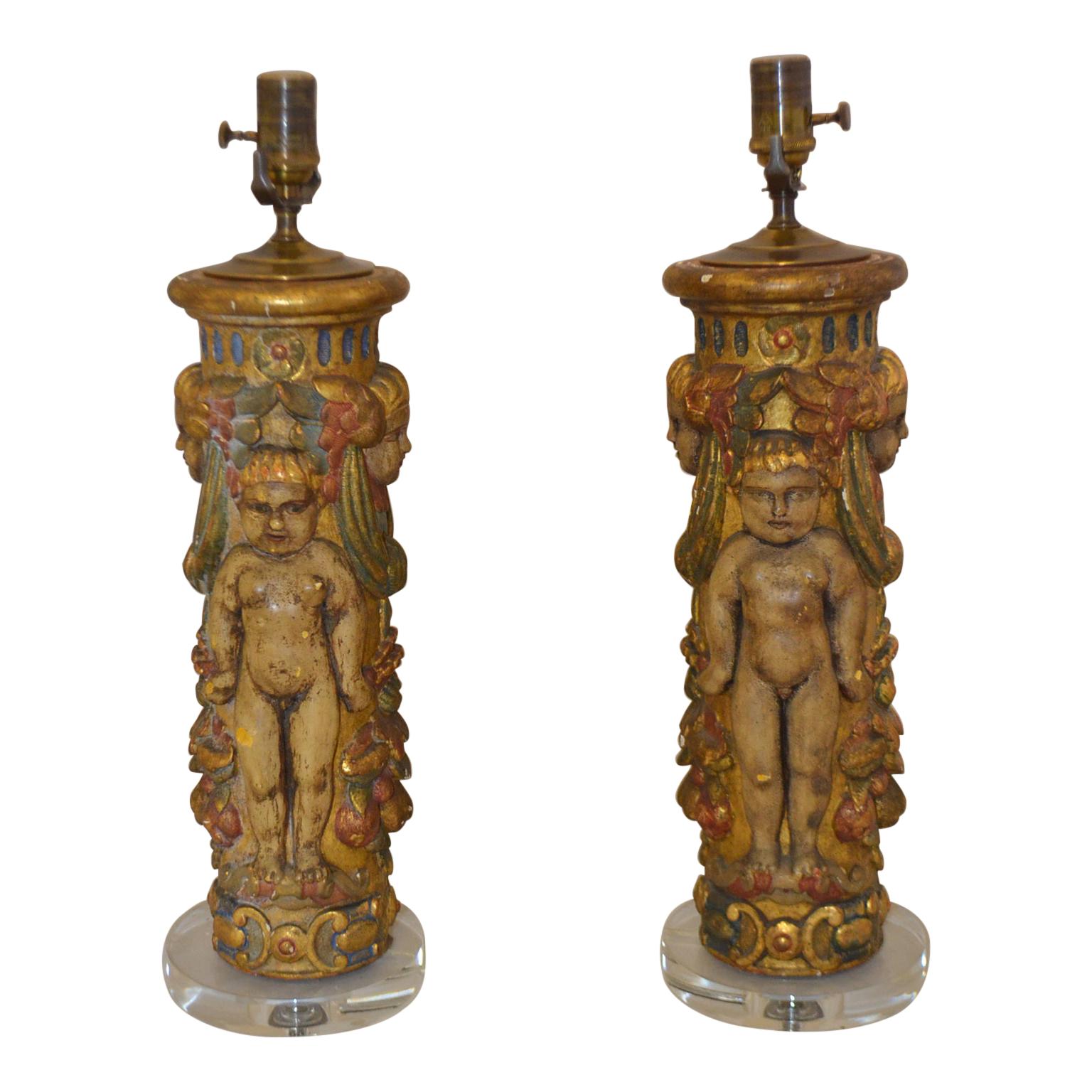 Pair of Parcel-Gilt Molded Plaster Table Lamps For Sale