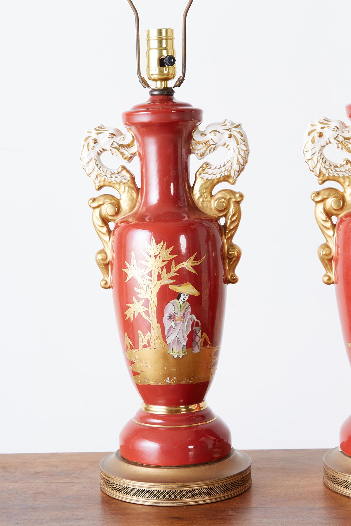 Hollywood Regency Pair of Parcel Gilt Porcelain Chinoiserie Vase Table Lamps