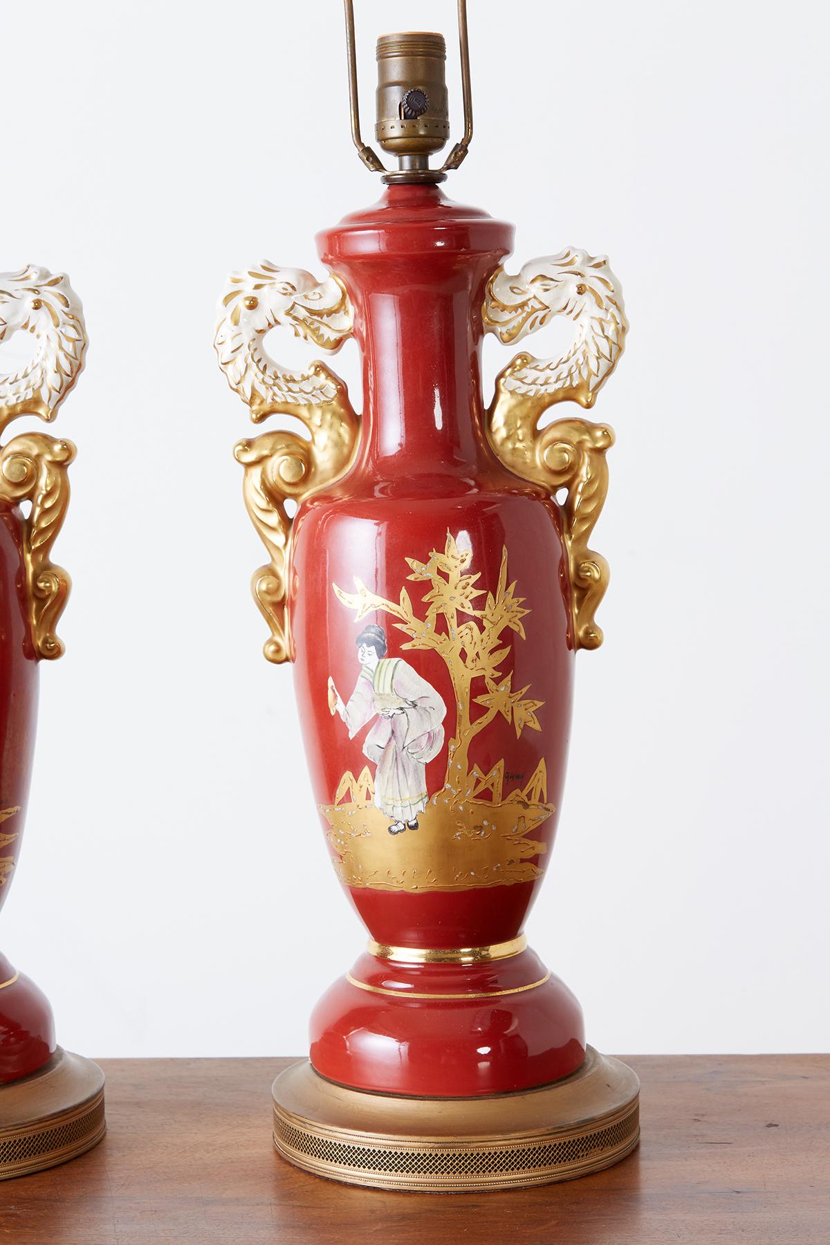 American Pair of Parcel Gilt Porcelain Chinoiserie Vase Table Lamps