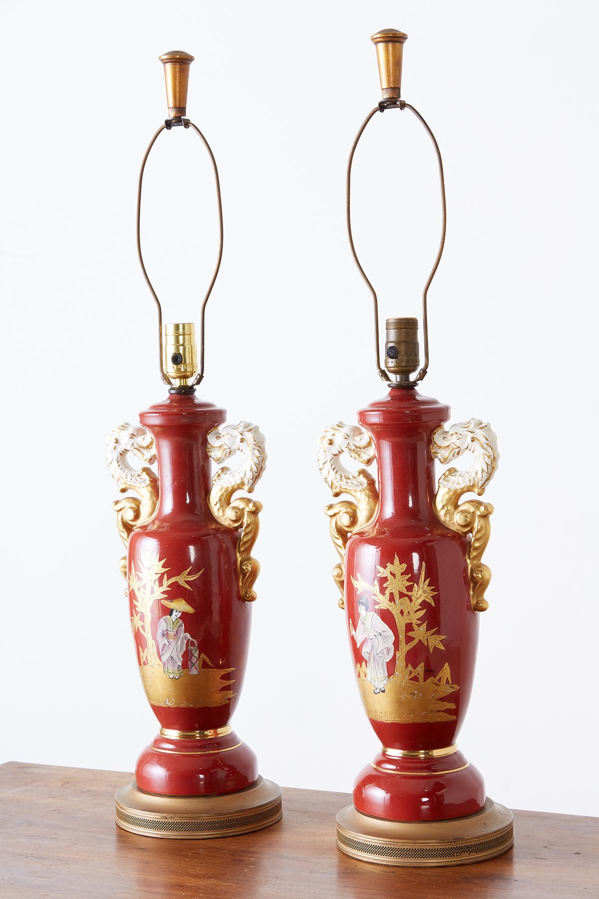 Pair of Parcel Gilt Porcelain Chinoiserie Vase Table Lamps In Good Condition In Rio Vista, CA
