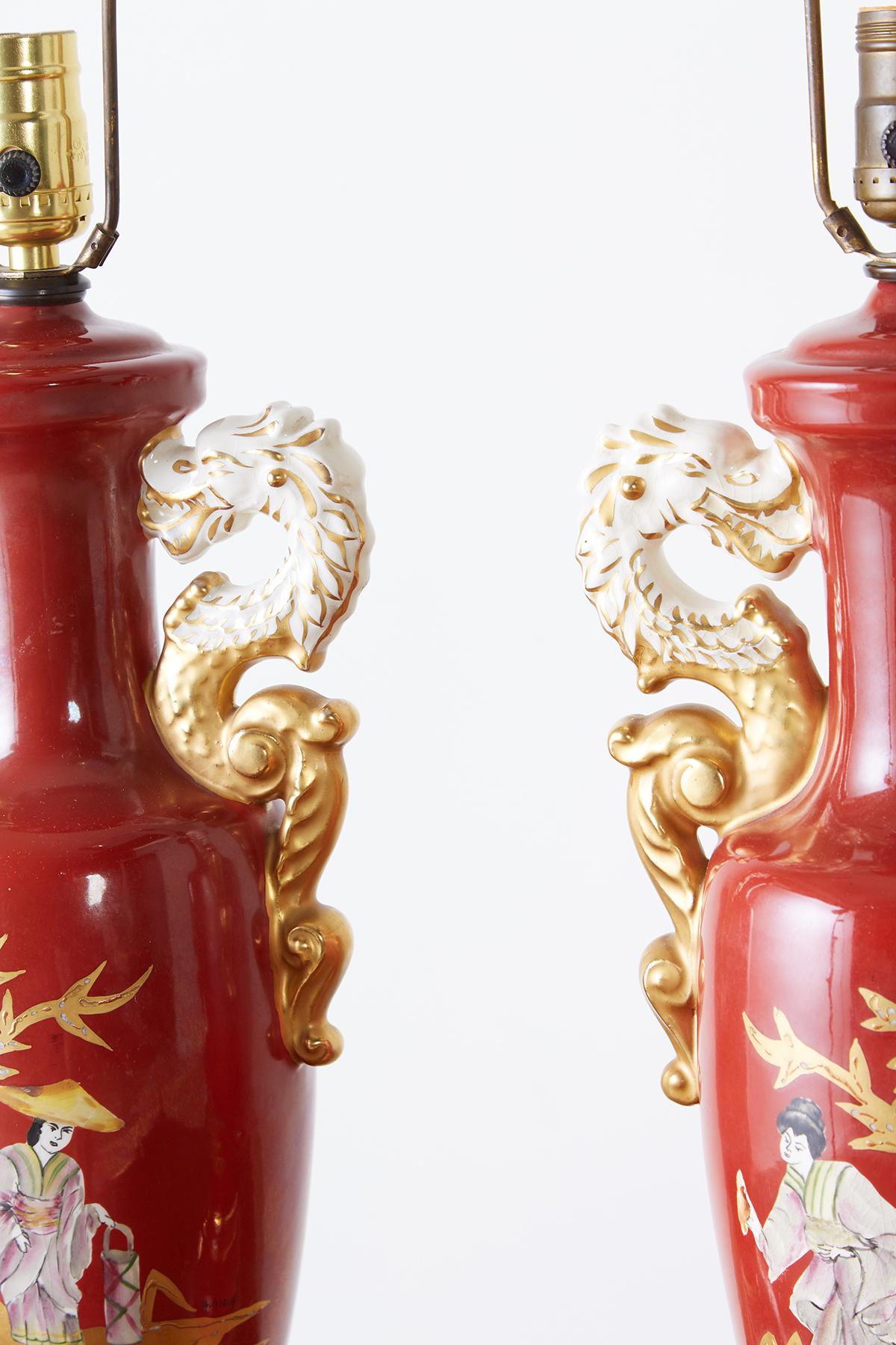 Paint Pair of Parcel Gilt Porcelain Chinoiserie Vase Table Lamps