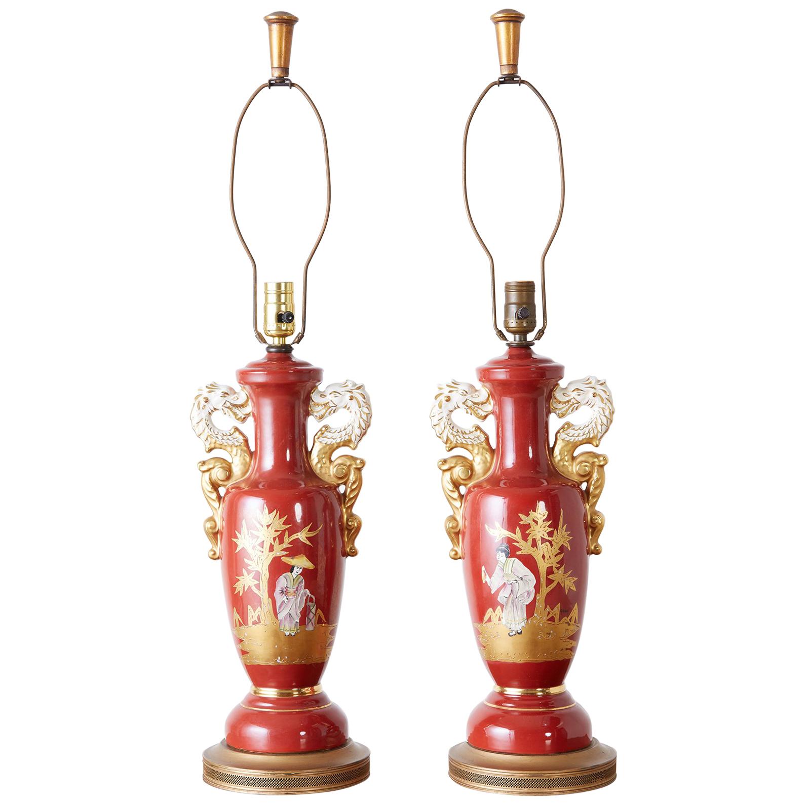Pair of Parcel Gilt Porcelain Chinoiserie Vase Table Lamps