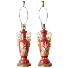 Vintage Pair of Parcel Gilt Porcelain Chinoiserie Vase Table Lamps