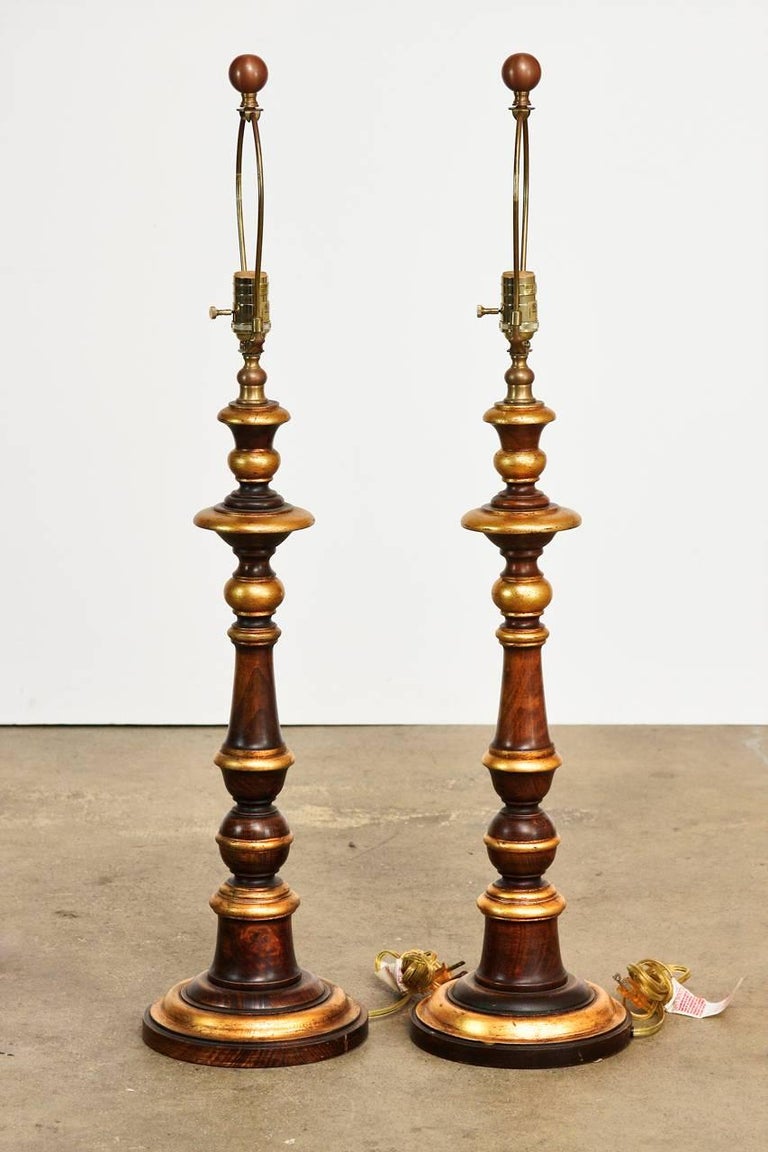 Pair of ParcelGilt Wood Candlestick Table Lamps by Bradburn For Sale