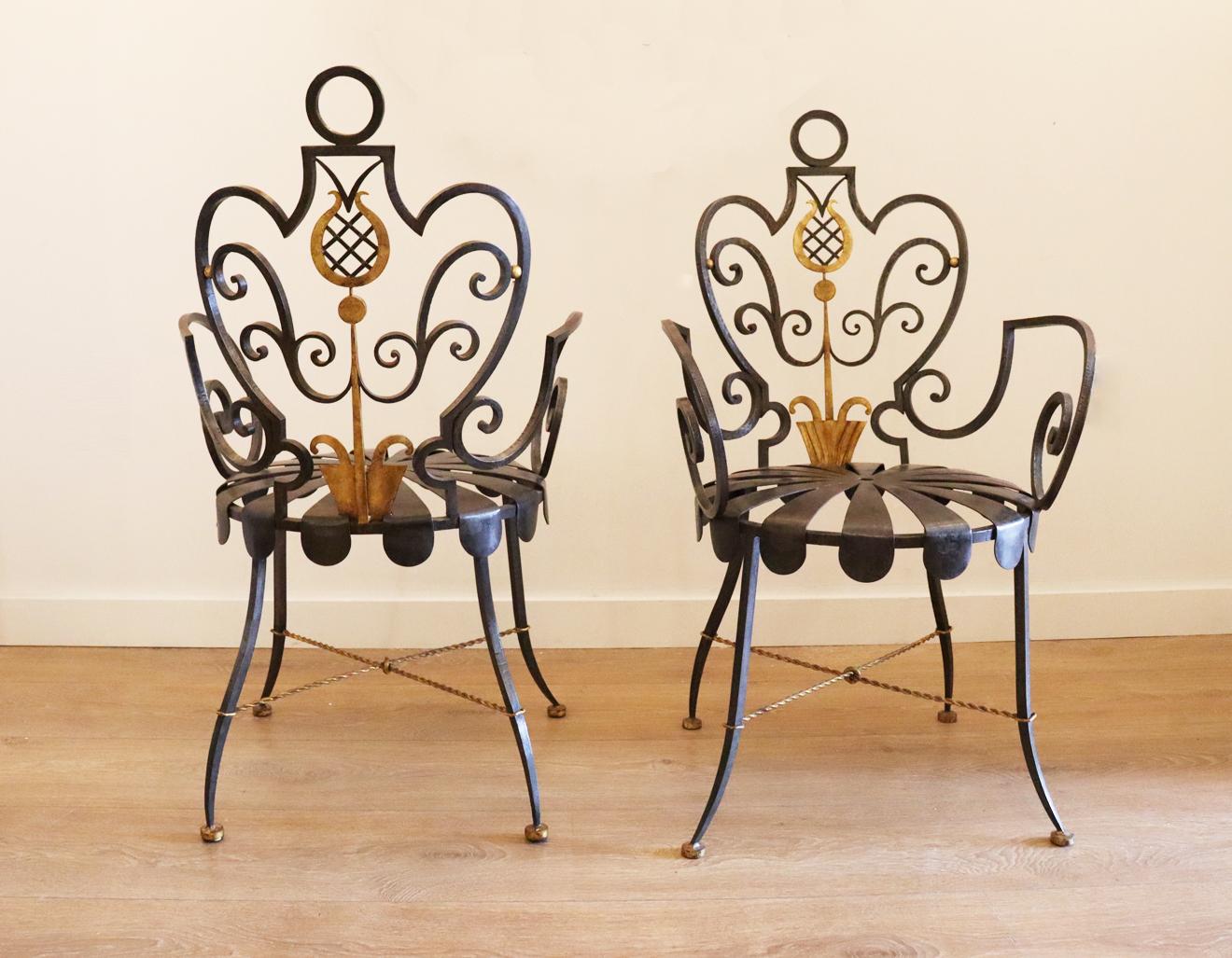 Art Deco Pair of Parcel-Gilt Wrought-Iron Armchairs by Gilbert Poillerat