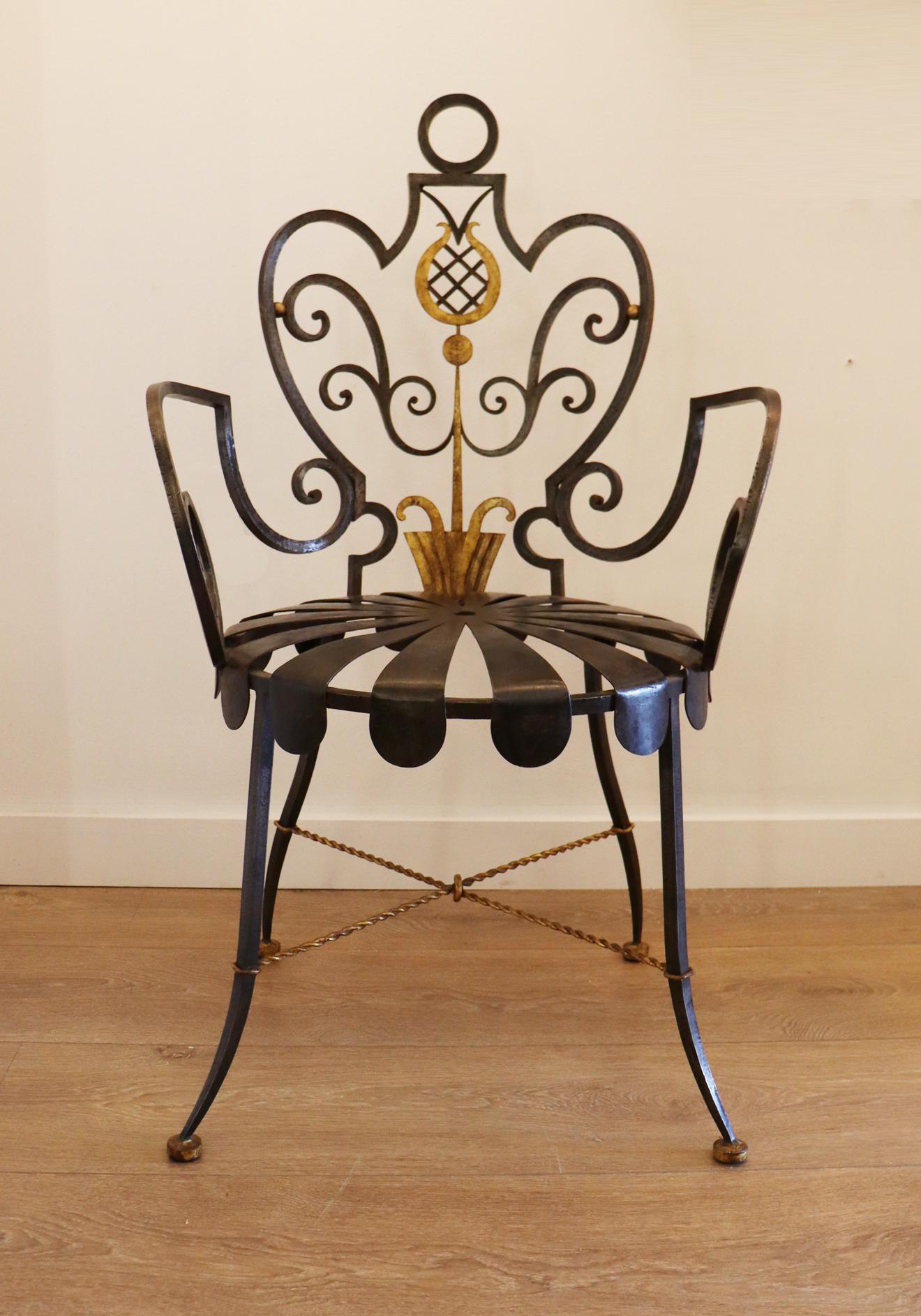 French Pair of Parcel-Gilt Wrought-Iron Armchairs by Gilbert Poillerat