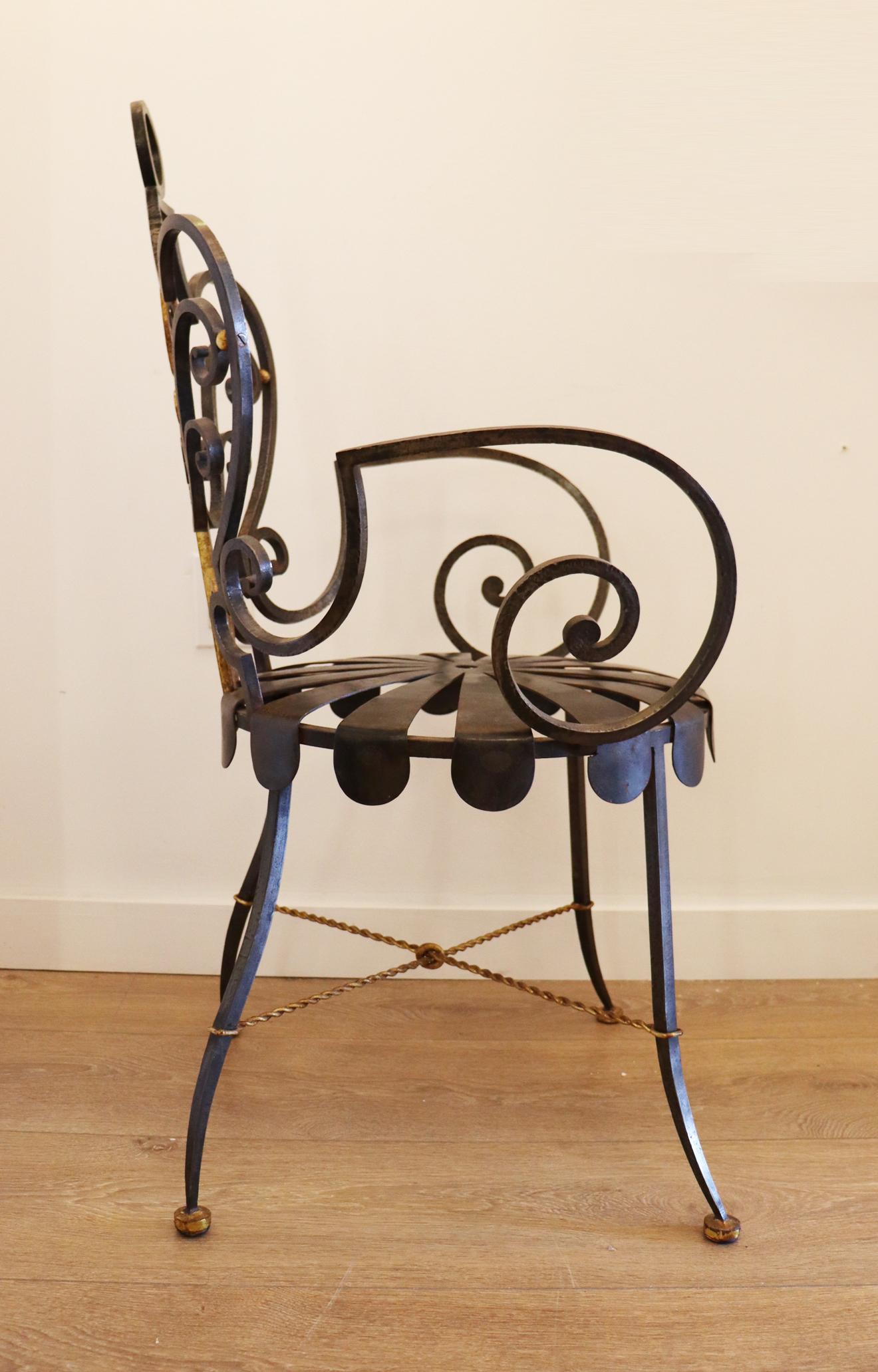 Forged Pair of Parcel-Gilt Wrought-Iron Armchairs by Gilbert Poillerat