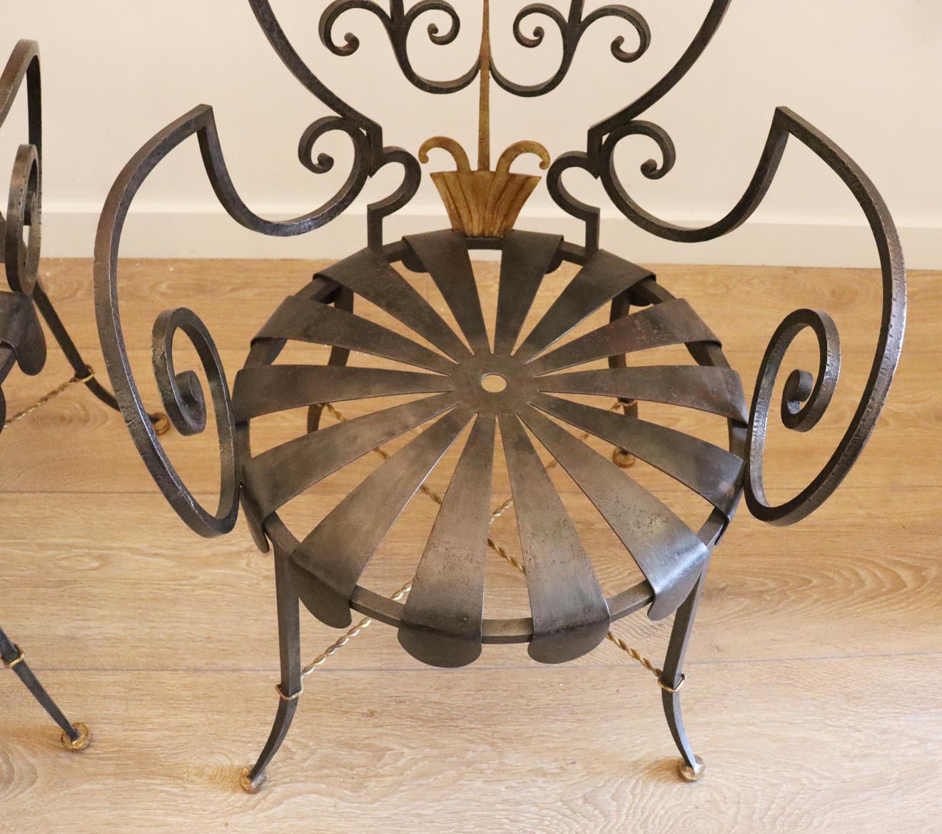 Pair of Parcel-Gilt Wrought-Iron Armchairs by Gilbert Poillerat 1