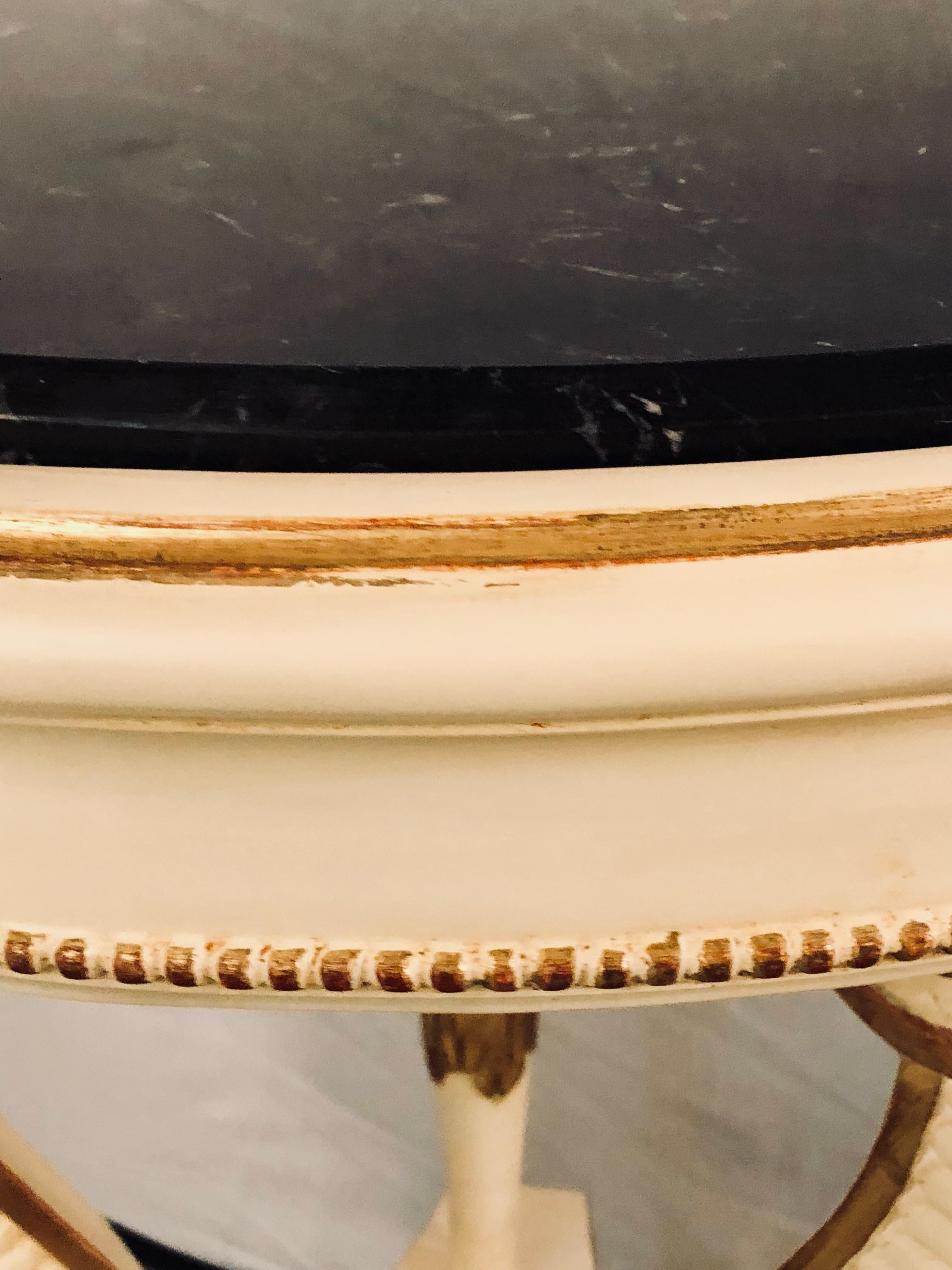 Pair of Parcel Paint and Gilt Decorated Marble-Top Demilune Console Tables 5