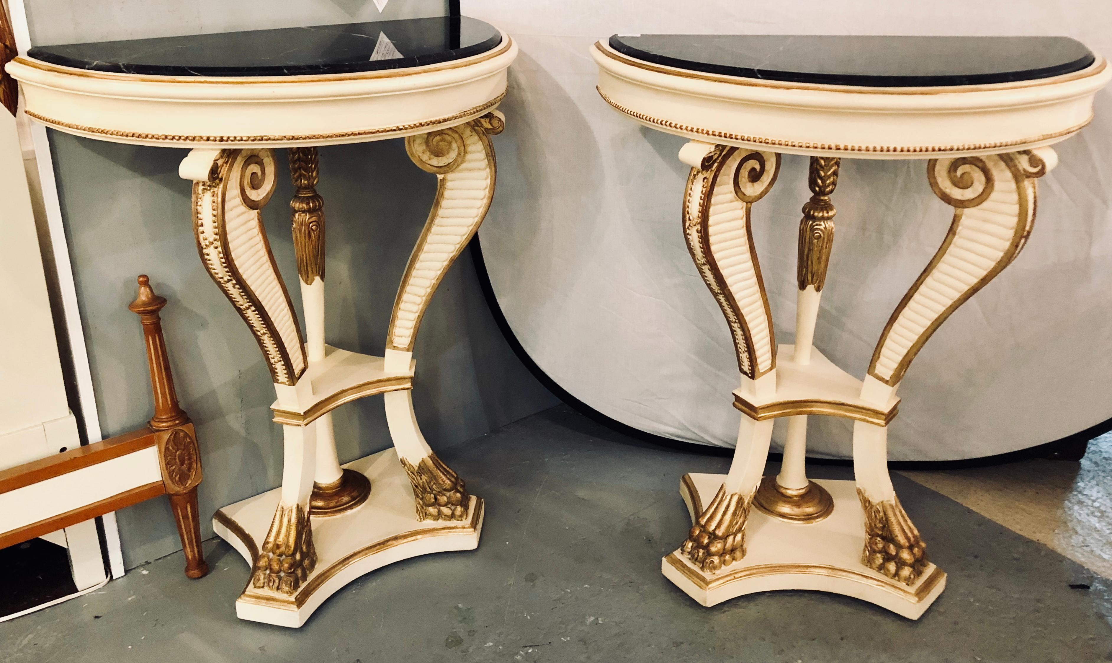 Pair of Parcel Paint and Gilt Decorated Marble-Top Demilune Console Tables 8