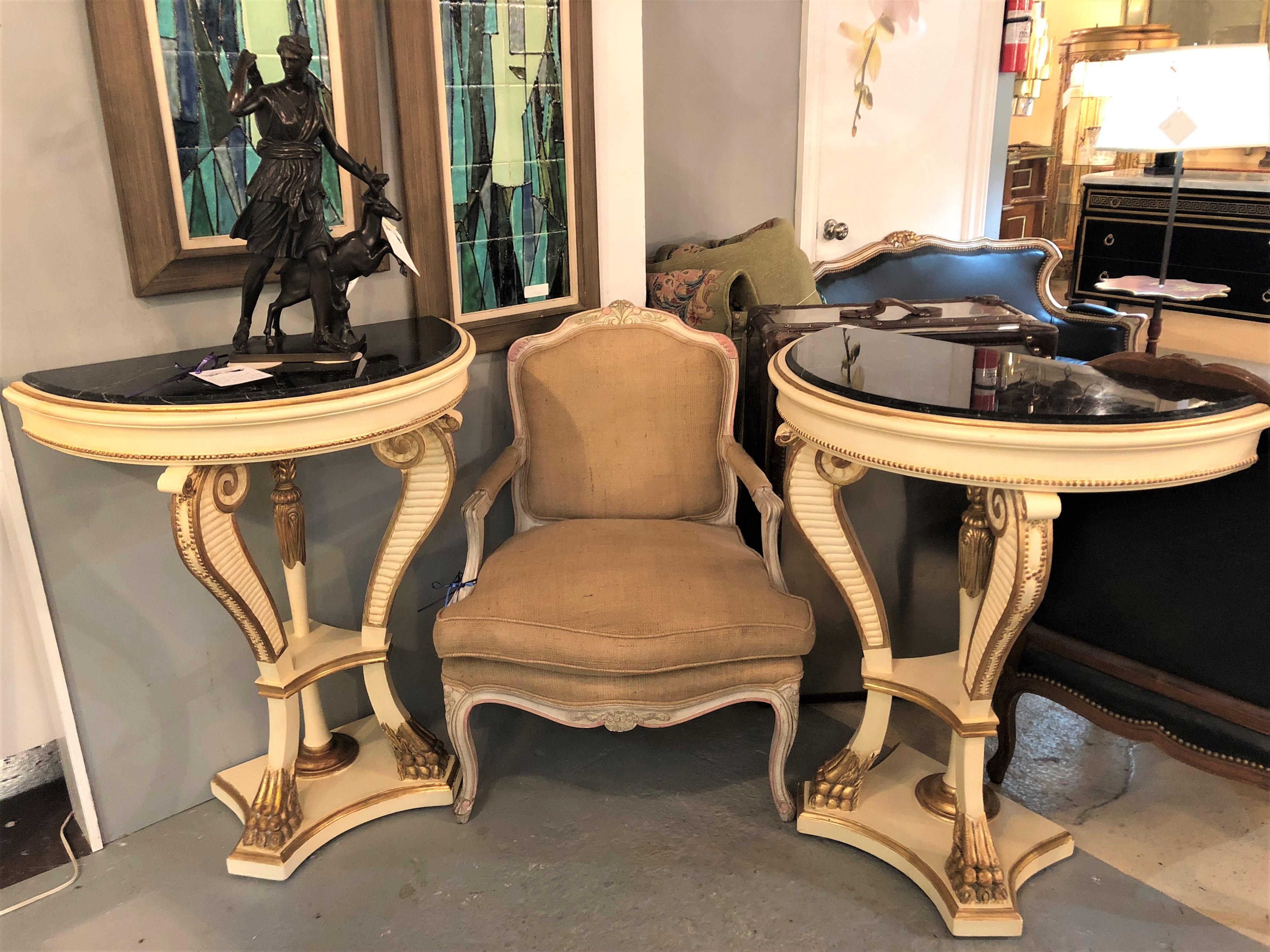 Pair of Parcel Paint and Gilt Decorated Marble-Top Demilune Console Tables 11