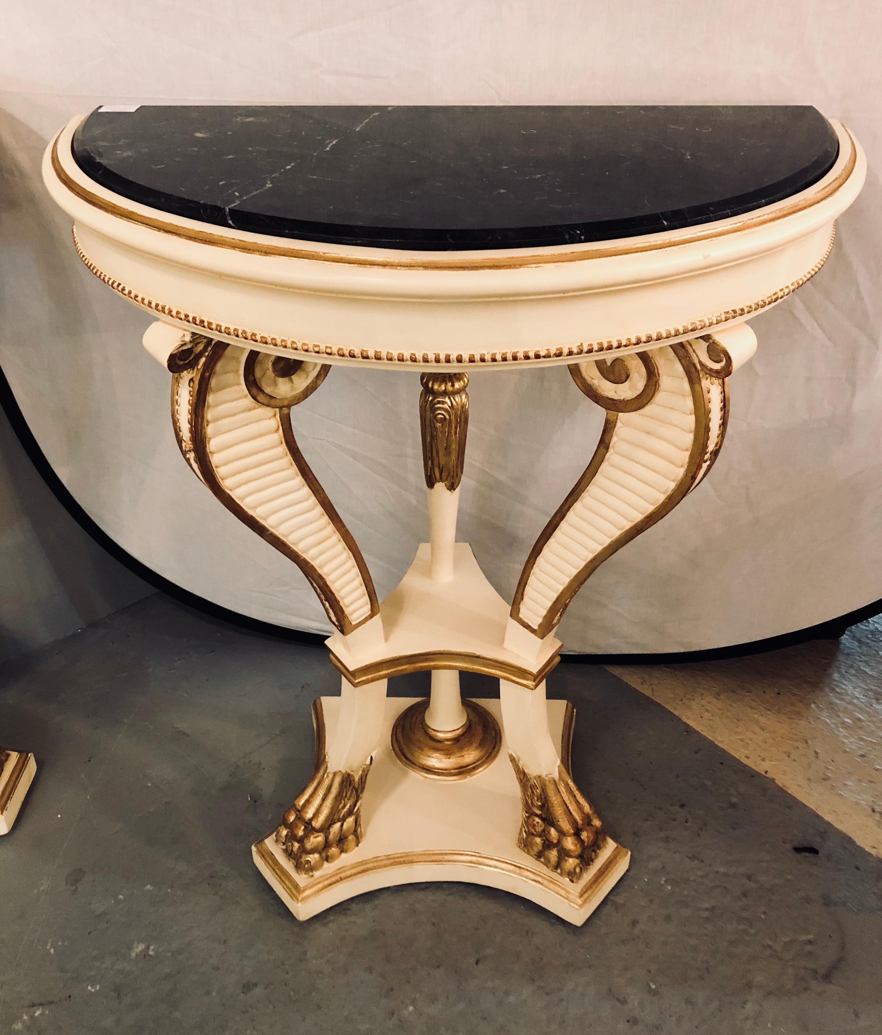 Pair of Parcel Paint and Gilt Decorated Marble-Top Demilune Console Tables In Good Condition In Stamford, CT